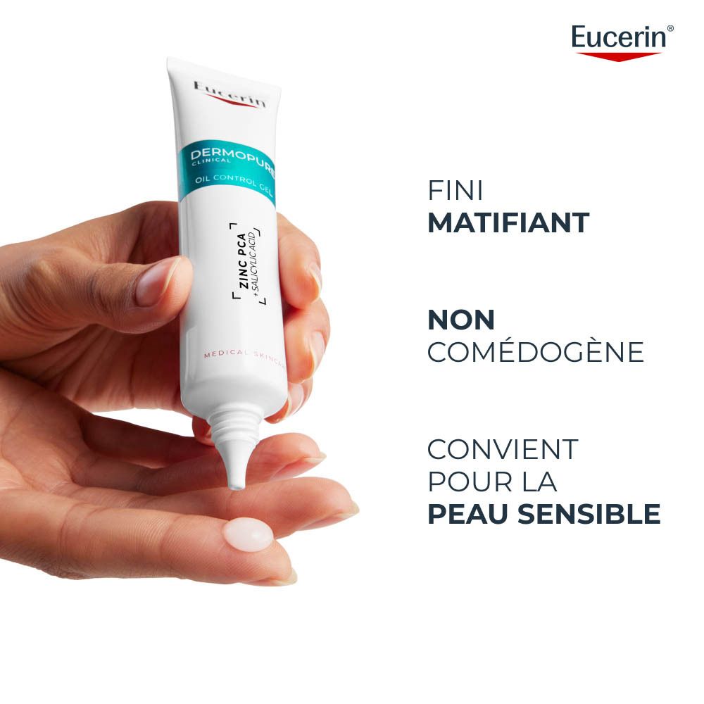 Tube et emballage Eucerin DermoPure Clinical Gel Oil Control, pour peaux sensibles.