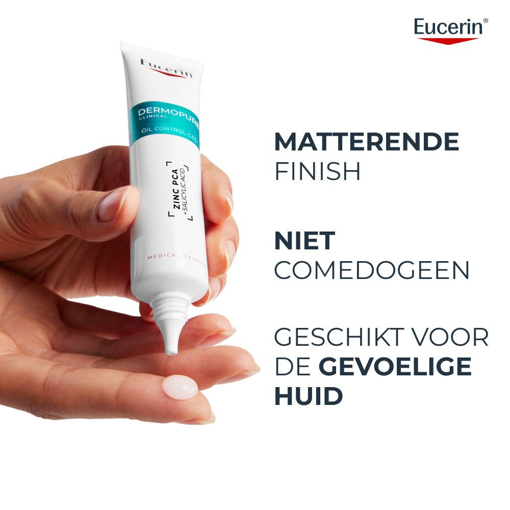 Eucerin DermoPure Clinical Gel Oil Control tube en verpakking, geschikt voor de gevoelige huid.