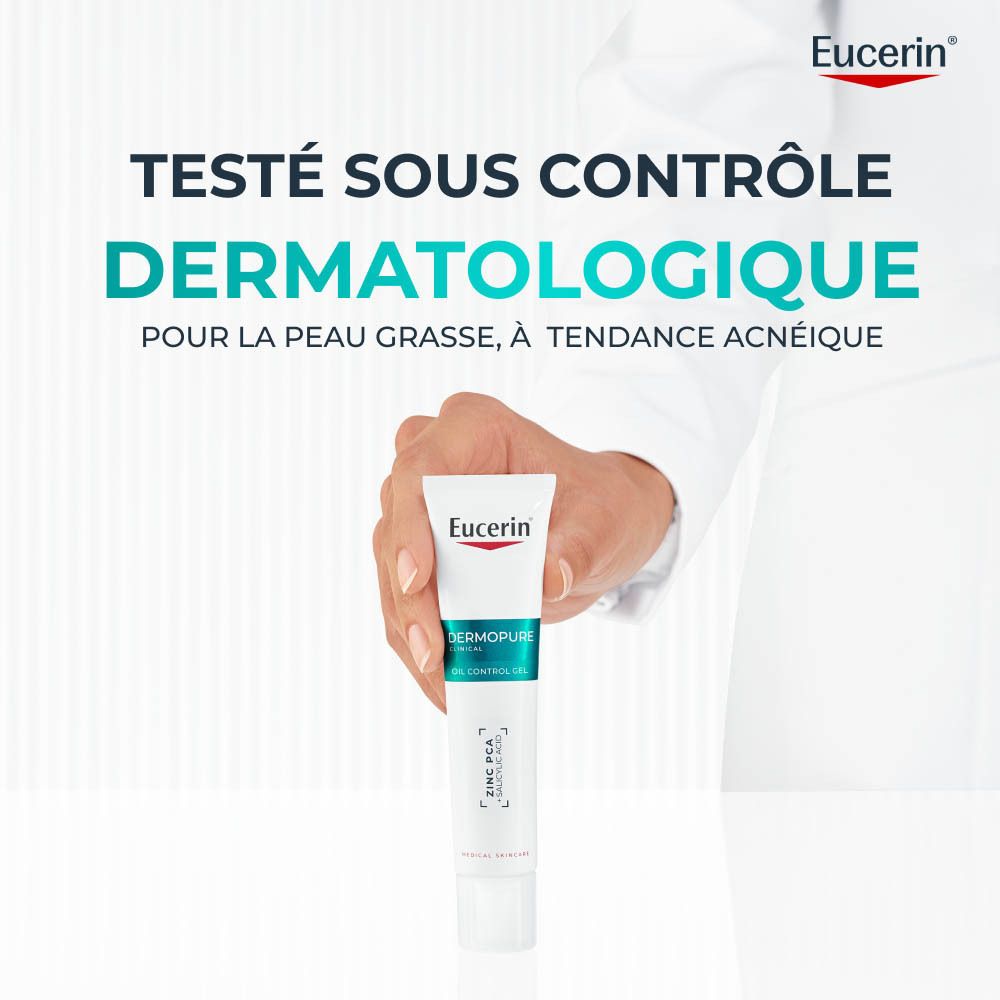 Tube et emballage Eucerin DermoPure Clinical Gel Oil Control, testé sous contrôle dermatologique.