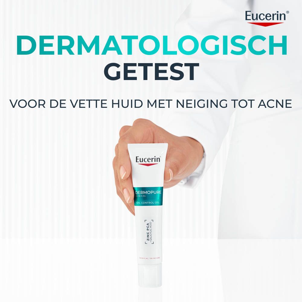 Eucerin DermoPure Clinical Gel Oil Control tube en verpakking, dermatologisch getest.