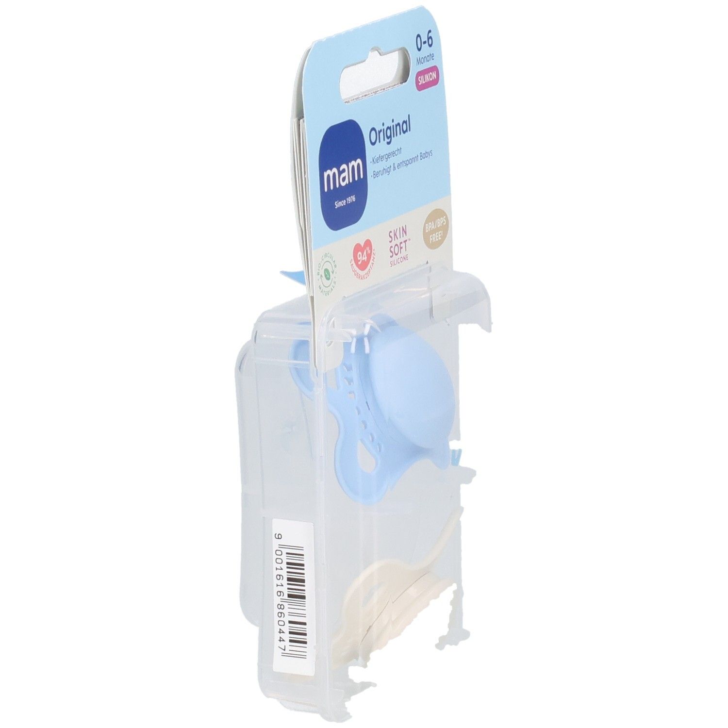 Sucettes MAM Original emballées. Sucette bleue visible. 0-6 mois. Emballage plastique.