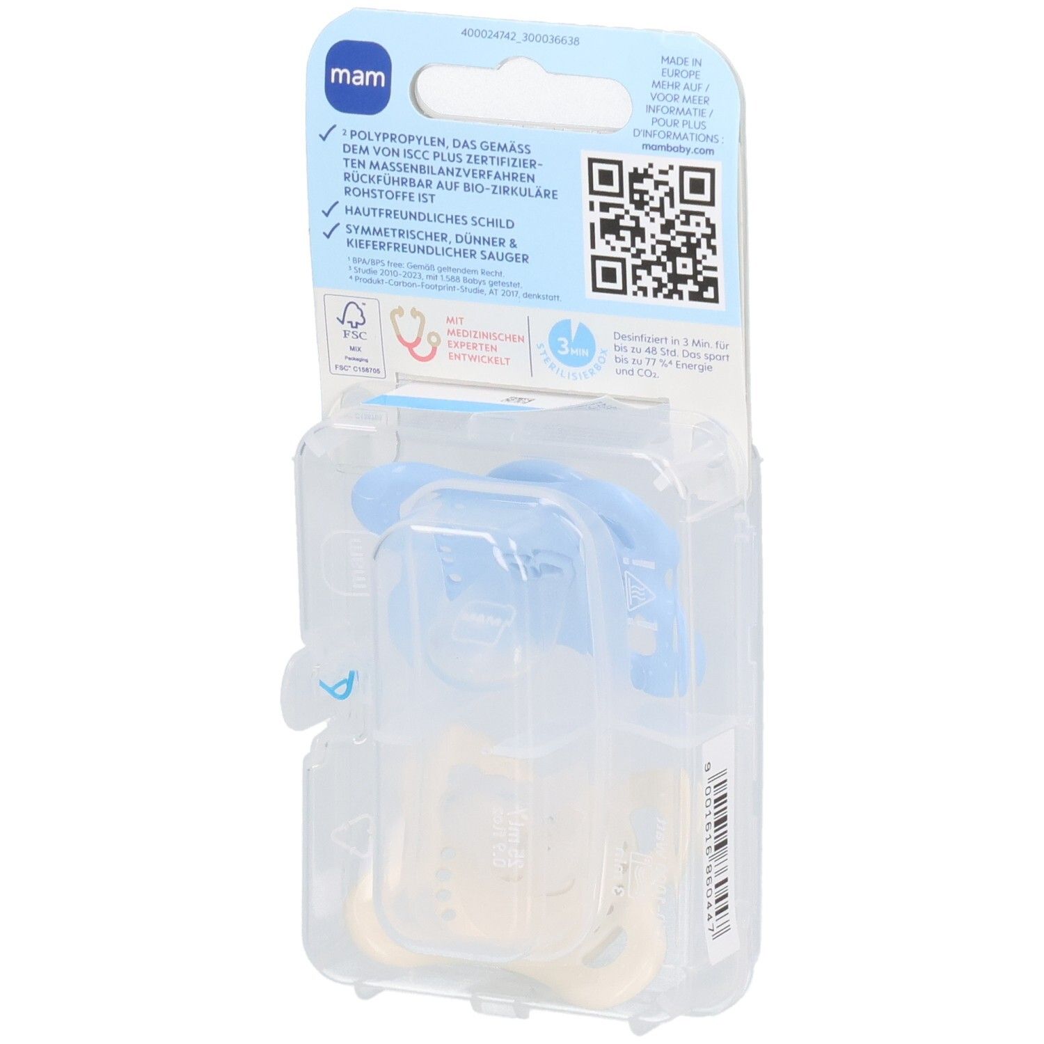 Dos de l'emballage des sucettes MAM Original. Informations et code QR. 0-6 mois. Sans BPA/BPS.