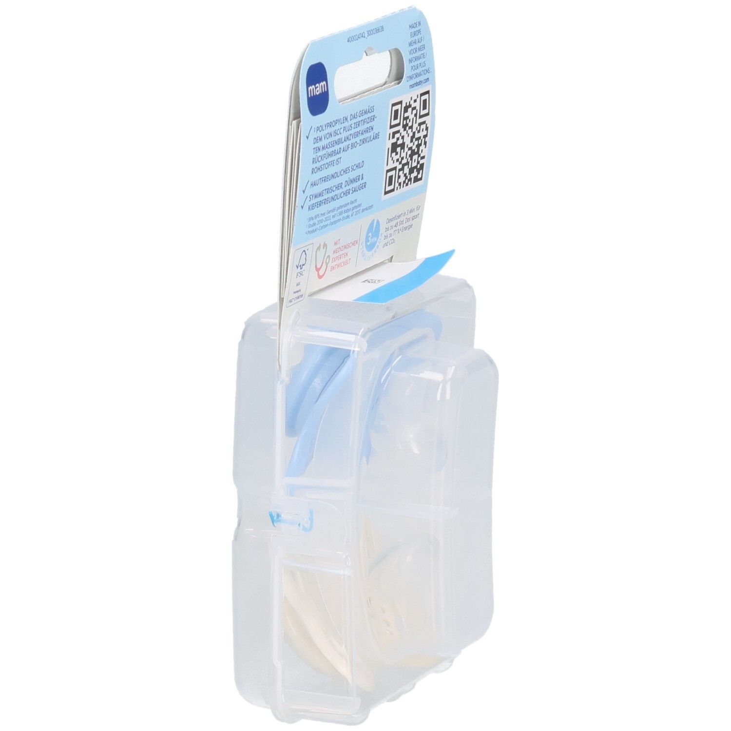 Dos de l'emballage des sucettes MAM Original. Sucette bleue visible. 0-6 mois. Emballage plastique.