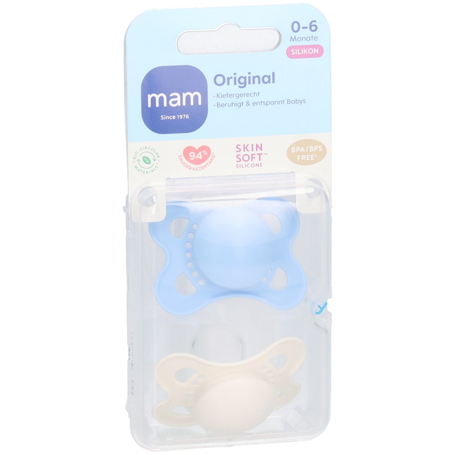 Deux sucettes MAM Original en silicone, emballées. Bleues et crème. 0-6 mois. Sans BPA/BPS.