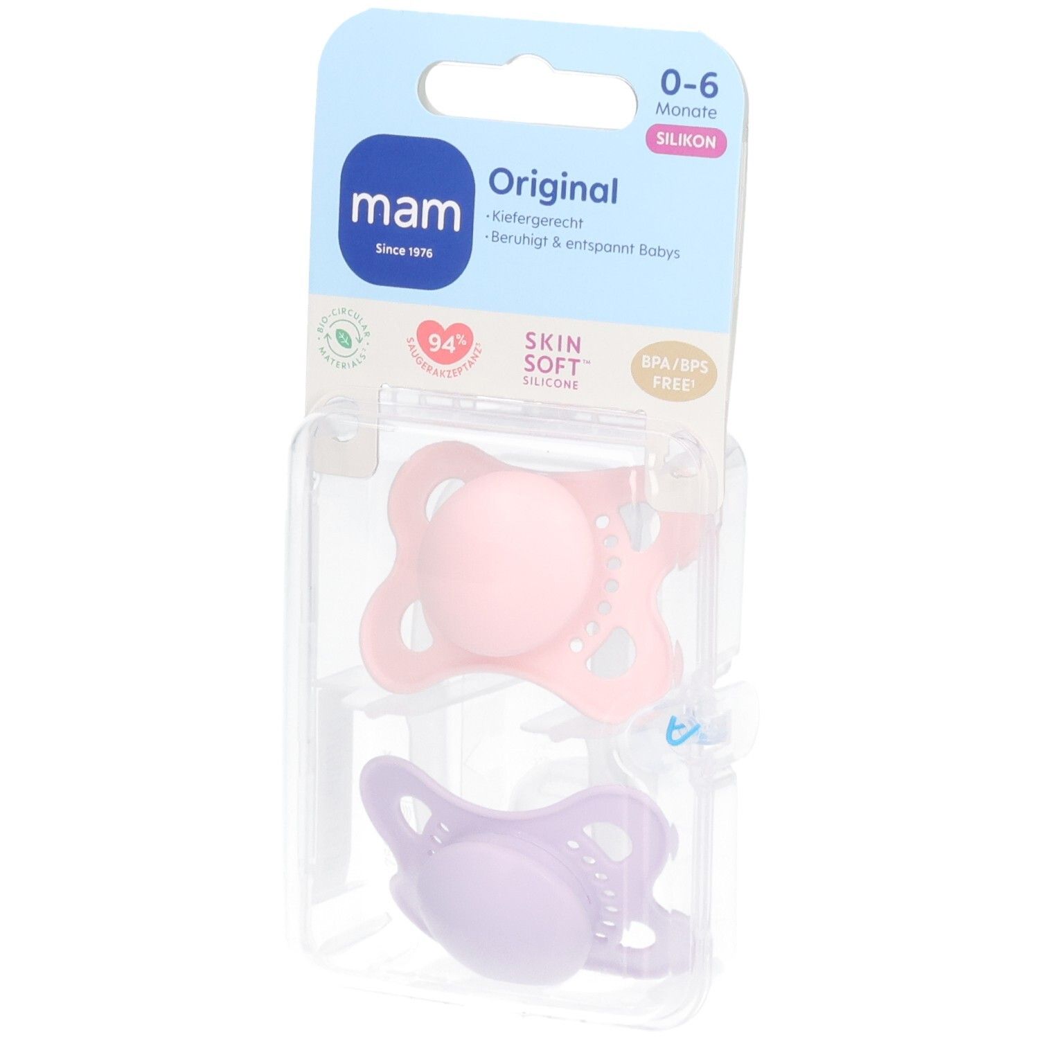 Deux sucettes MAM Original en silicone rose et violet, 0-6 mois, dans un emballage. Sans BPA/BPS.