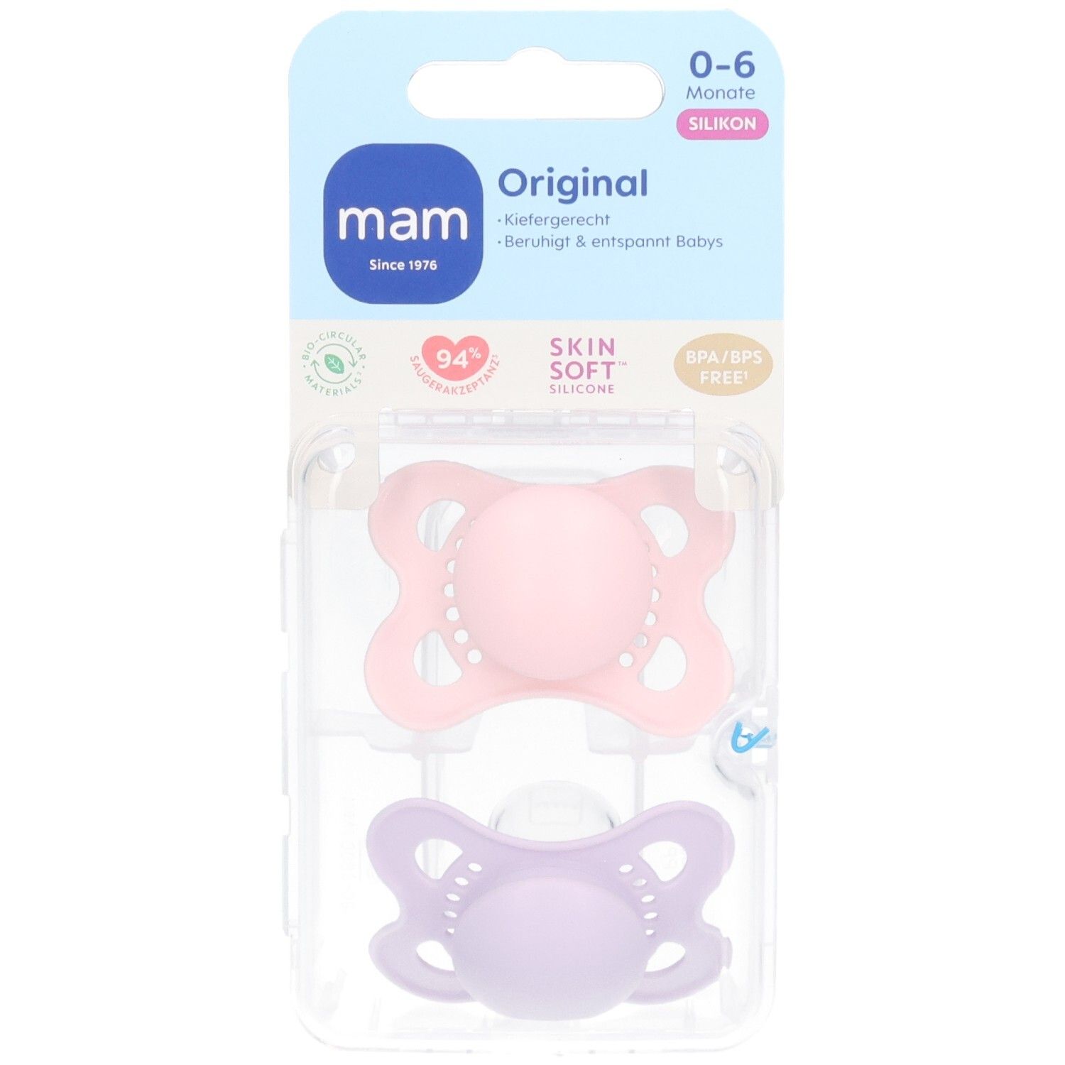 Deux sucettes MAM Original en silicone rose et violet, 0-6 mois, dans un emballage. Sans BPA/BPS.