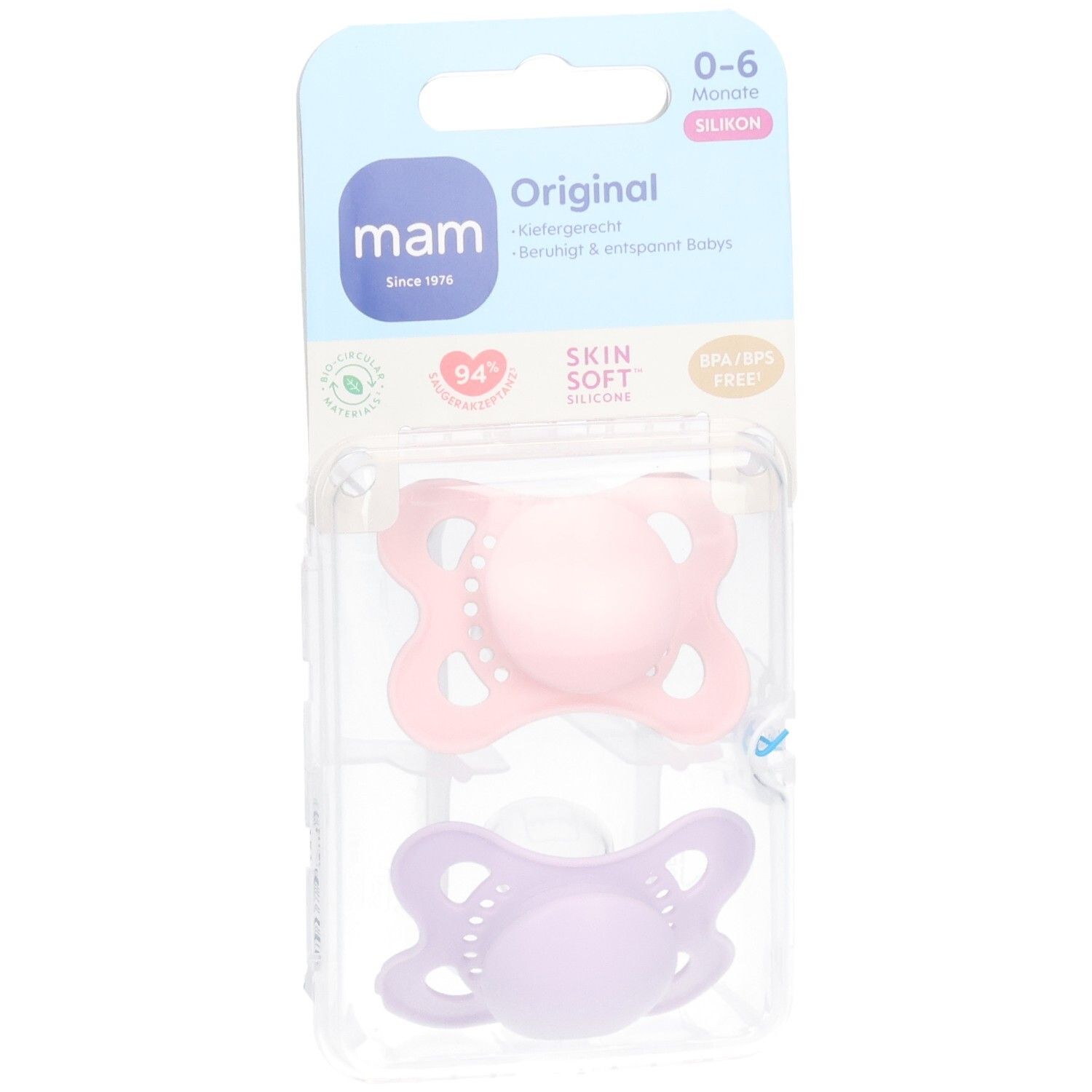 Deux sucettes MAM Original en silicone rose et violet, 0-6 mois, dans un emballage. Sans BPA/BPS.