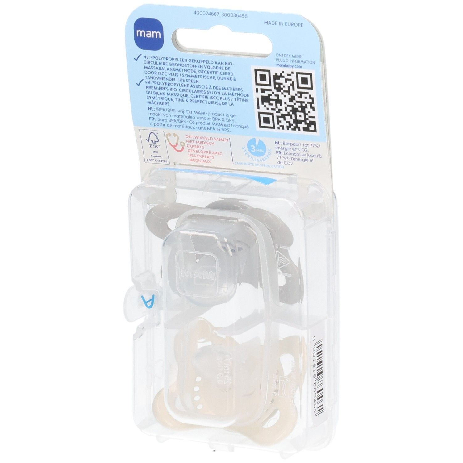 Dos de l'emballage avec deux sucettes. Informations multilingues, code QR et logo MAM. 0-6 mois.