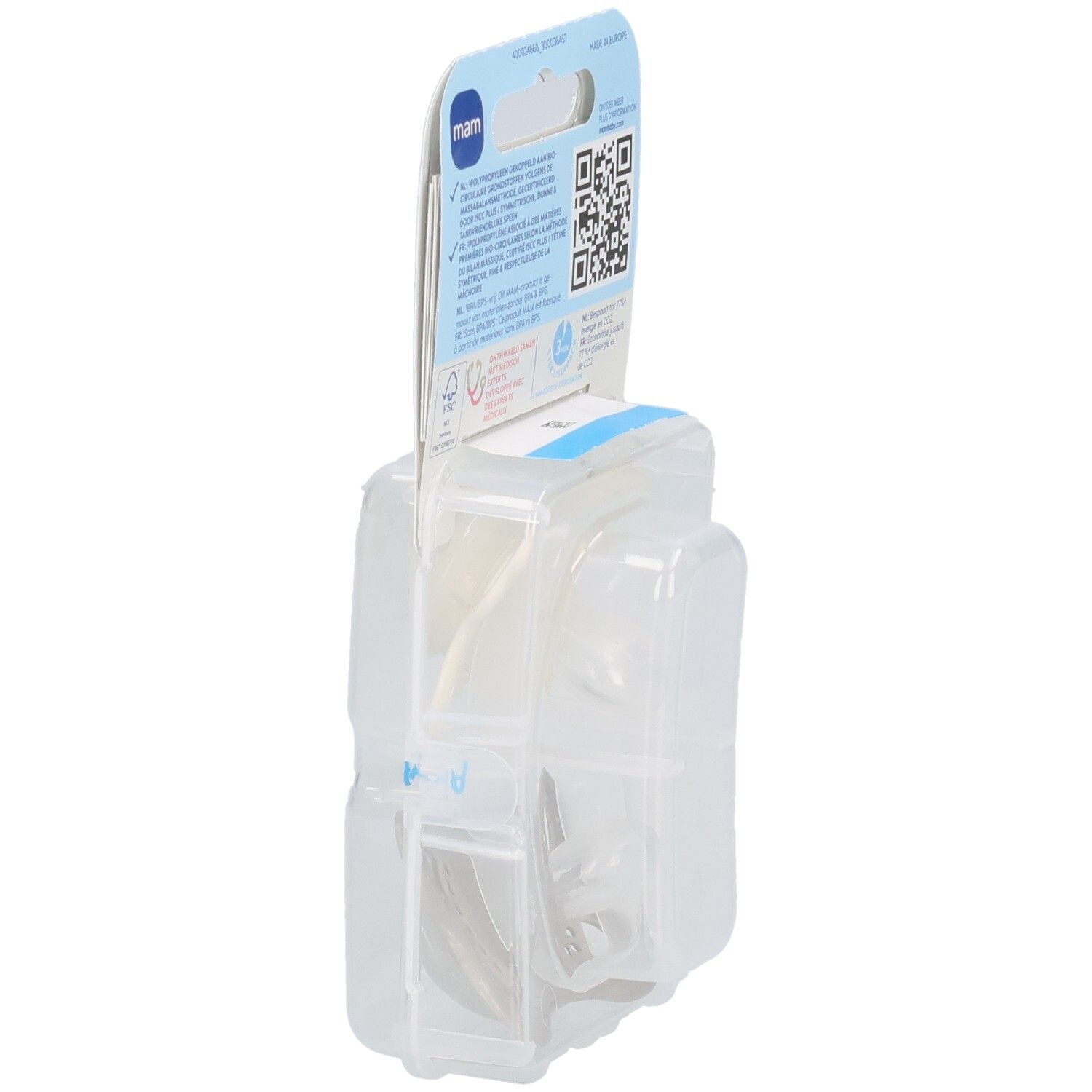 Vue latérale de l'emballage avec deux sucettes. L'emballage est transparent.