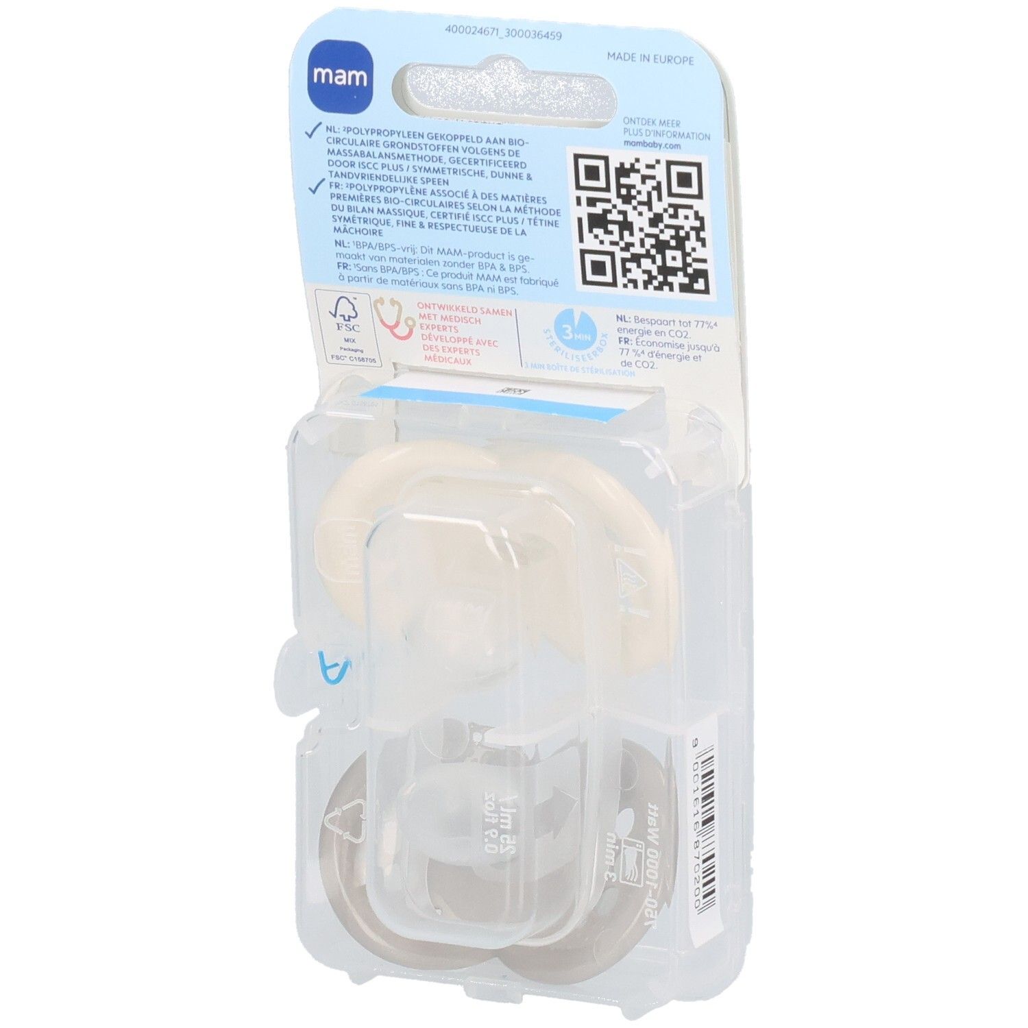 Dos de l'emballage avec deux sucettes. Informations et code QR visibles. Emballage transparent.