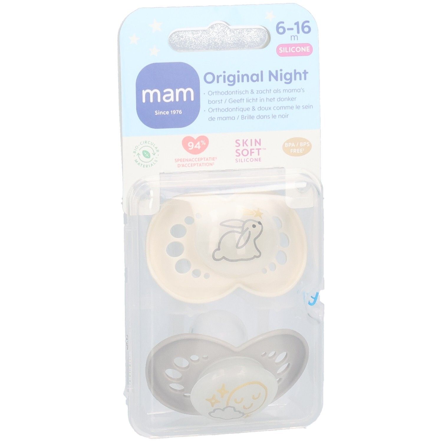 Deux sucettes dans un emballage transparent. La sucette supérieure a un motif de lapin, la inférieure un motif de lune. Emballage avec nom du produit.