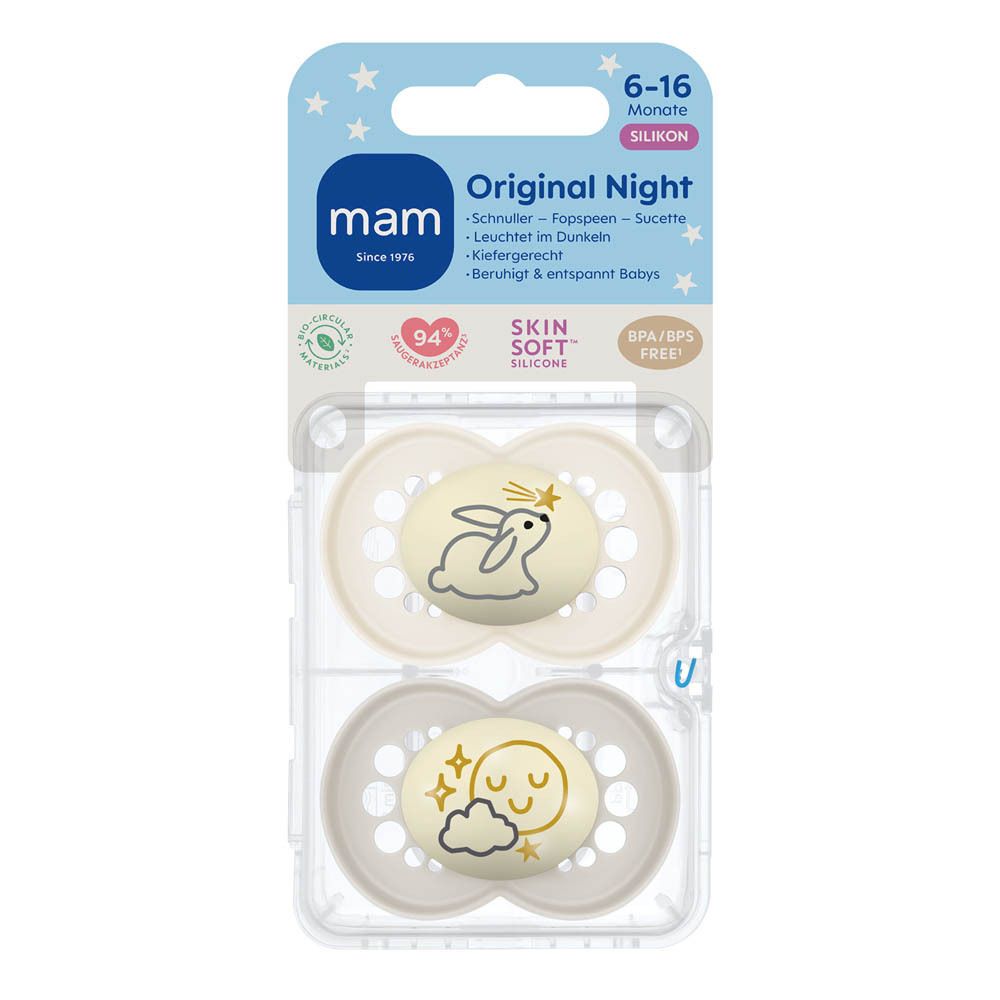 Une sucette MAM Original Night (6-16 mois) avec motif lune, phosphorescente.
