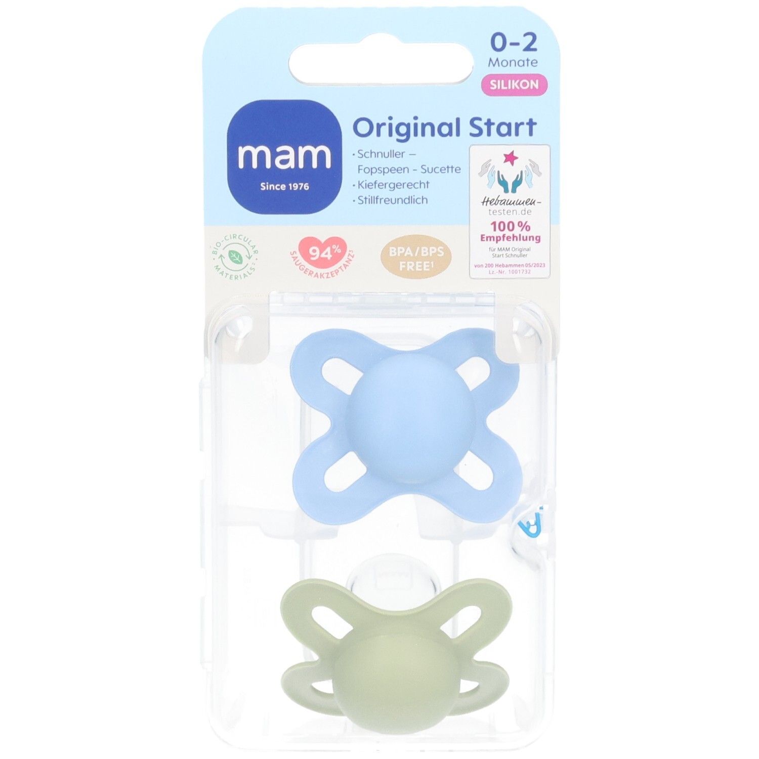 Deux sucettes dans un emballage blister. Sucette bleue et verte. Emballage avec nom et logo.