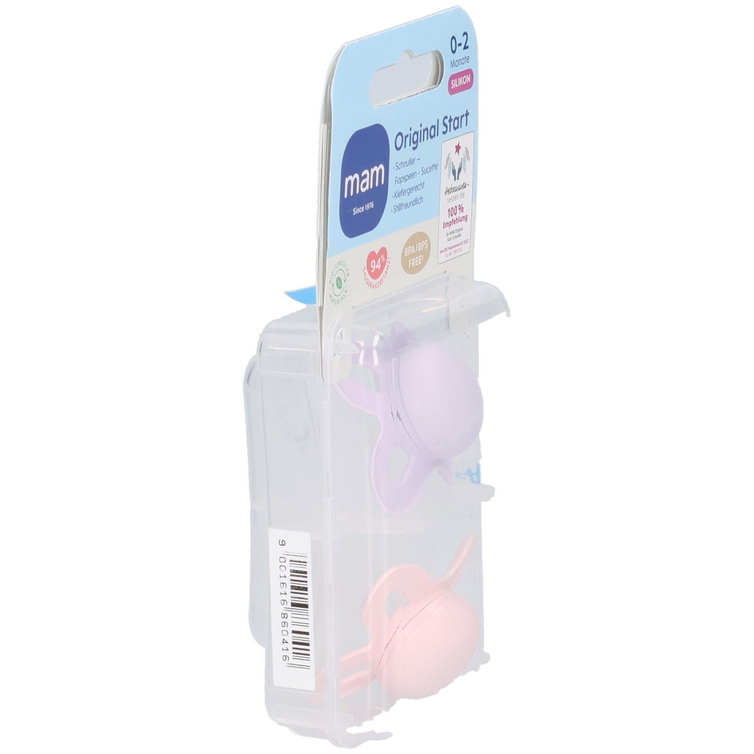 Vue latérale de l'emballage avec deux sucettes. Marque MAM, Original Start, 0-2 mois. Code-barres visible.