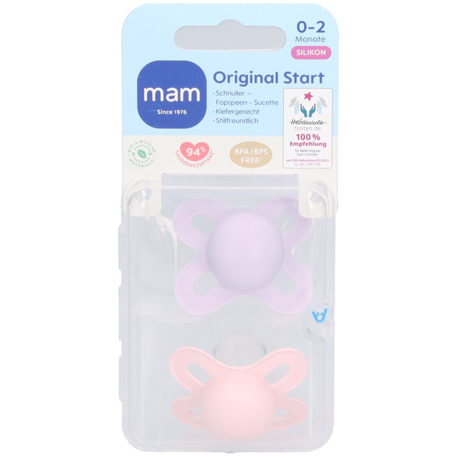 Deux sucettes roses et violettes dans un emballage transparent. Marque MAM, Original Start, 0-2 mois.