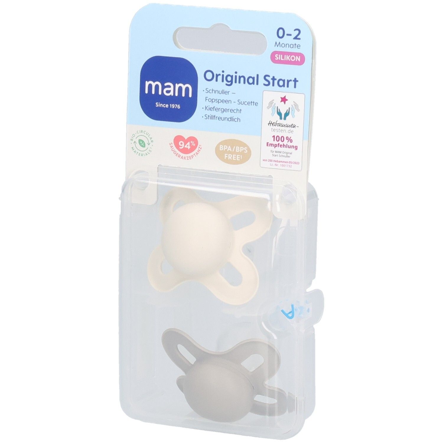 Deux sucettes MAM Original Start en silicone, emballées. Couleurs: beige et gris. Âge: 0-2 mois. Sans BPA/BPS.