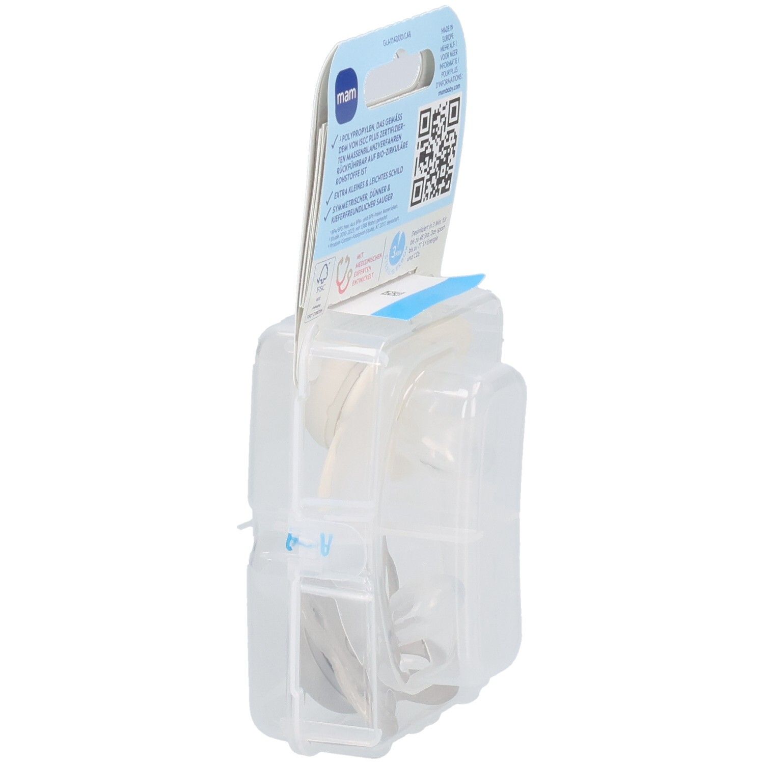 Emballage avec deux sucettes MAM Original Start. Dos. Âge: 0-2 mois. Vue détaillée.