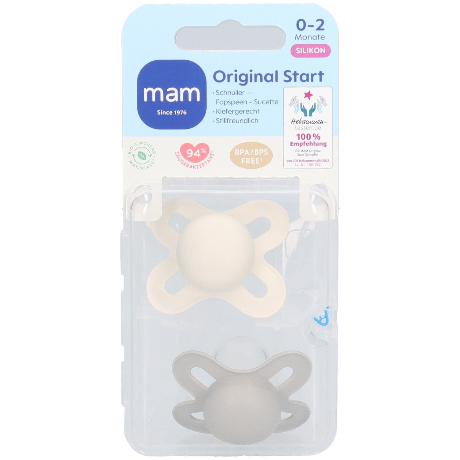 Deux sucettes MAM Original Start en silicone, emballées. Couleurs: beige et gris. Âge: 0-2 mois. Sans BPA/BPS.