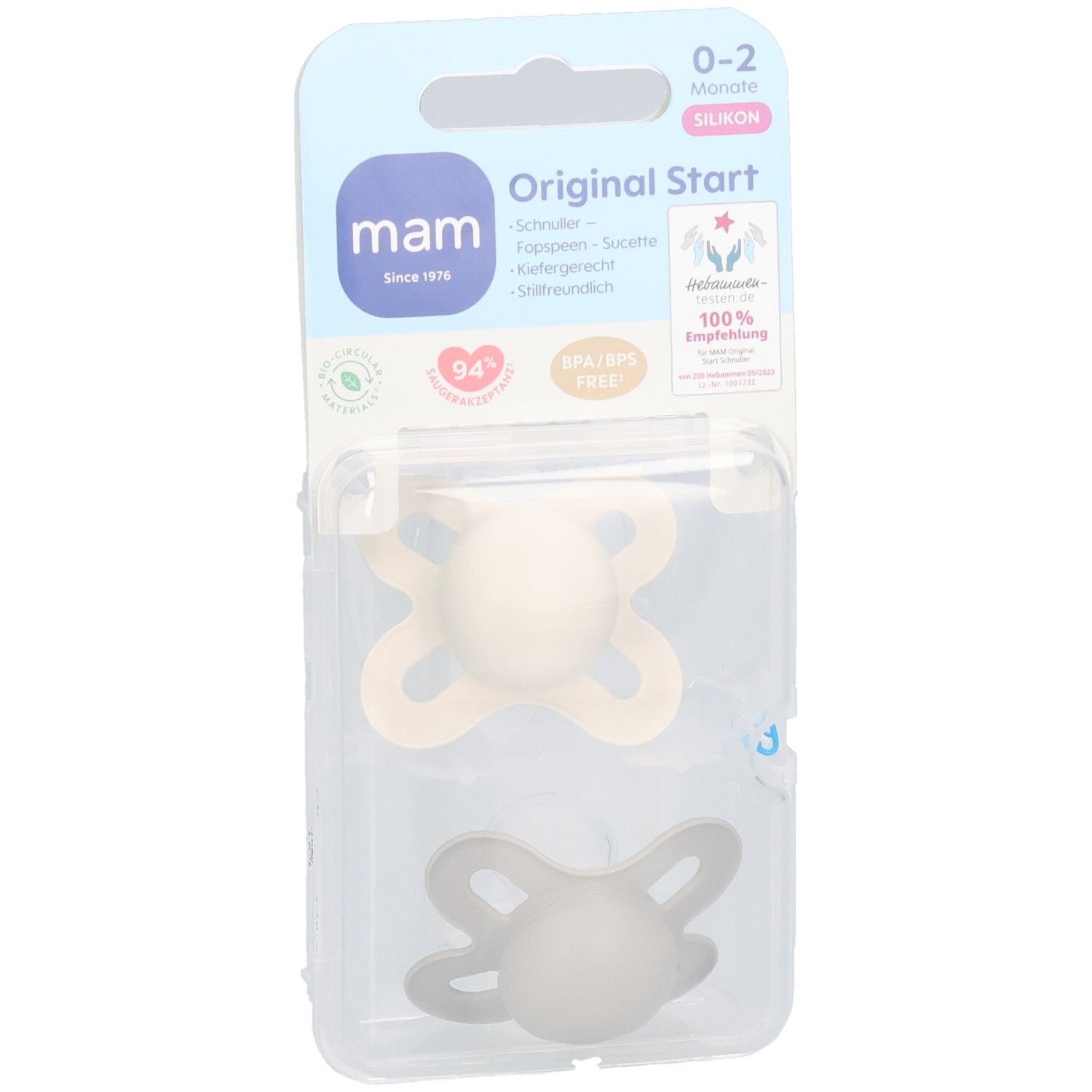 Deux sucettes MAM Original Start en silicone, emballées. Couleurs: beige et gris. Âge: 0-2 mois. Sans BPA/BPS.