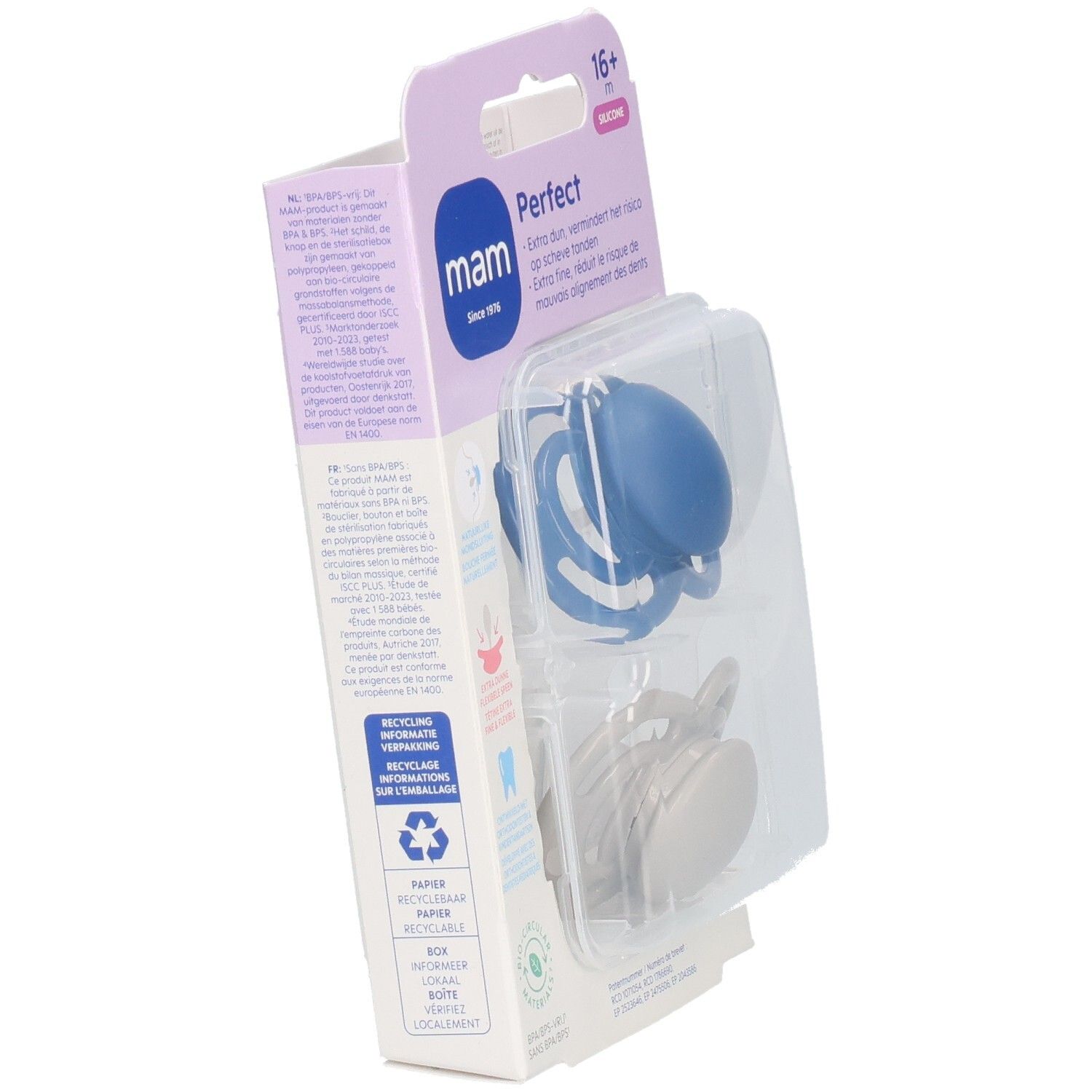 Emballage avec une sucette MAM Perfect bleue. L'emballage affiche des informations et des symboles de recyclage.