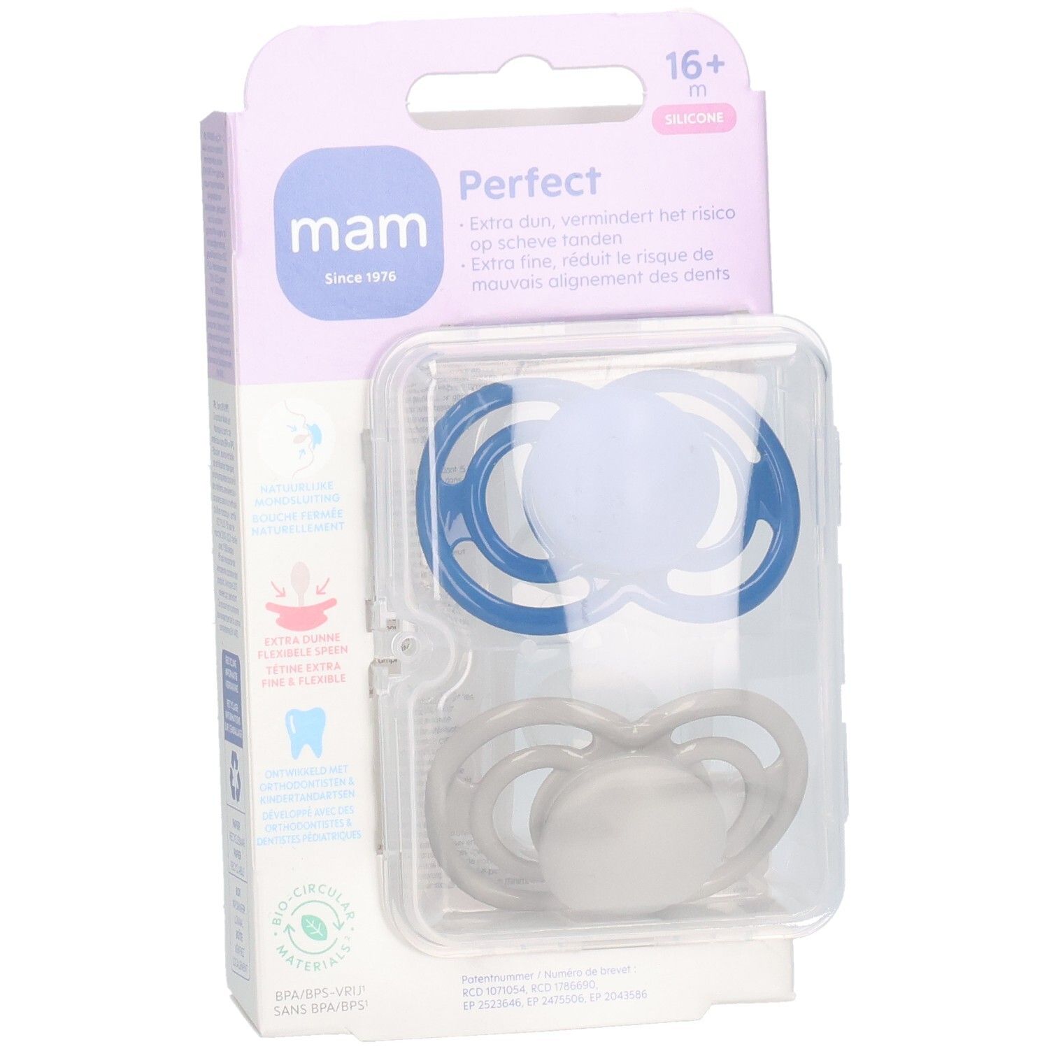 Emballage de deux sucettes MAM Perfect, bleues et grises. Caractéristiques du produit et logo de la marque clairement visibles.