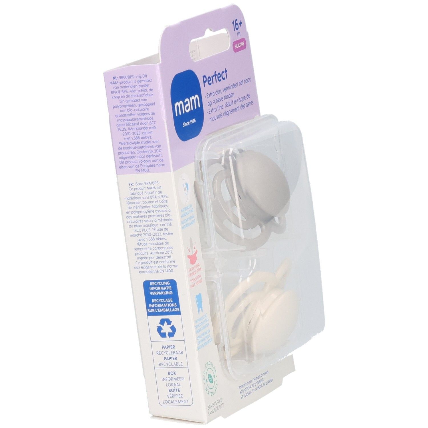 Verpakking met twee MAM Perfect fopspenen, gedeeltelijk geopend. Productinformatie op de achterkant.