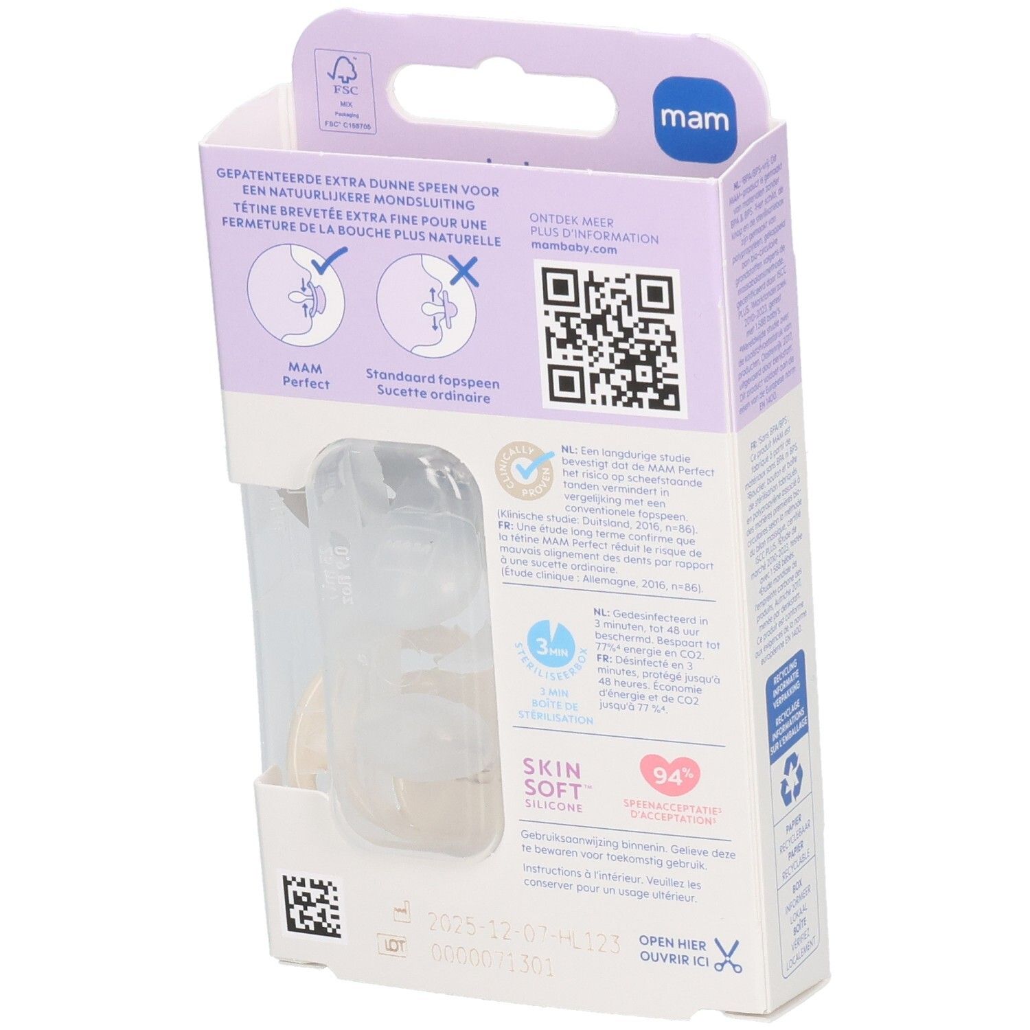 Achterkant van de verpakking met productinformatie. MAM Perfect fopspenen. QR-code en tekst in meerdere talen.