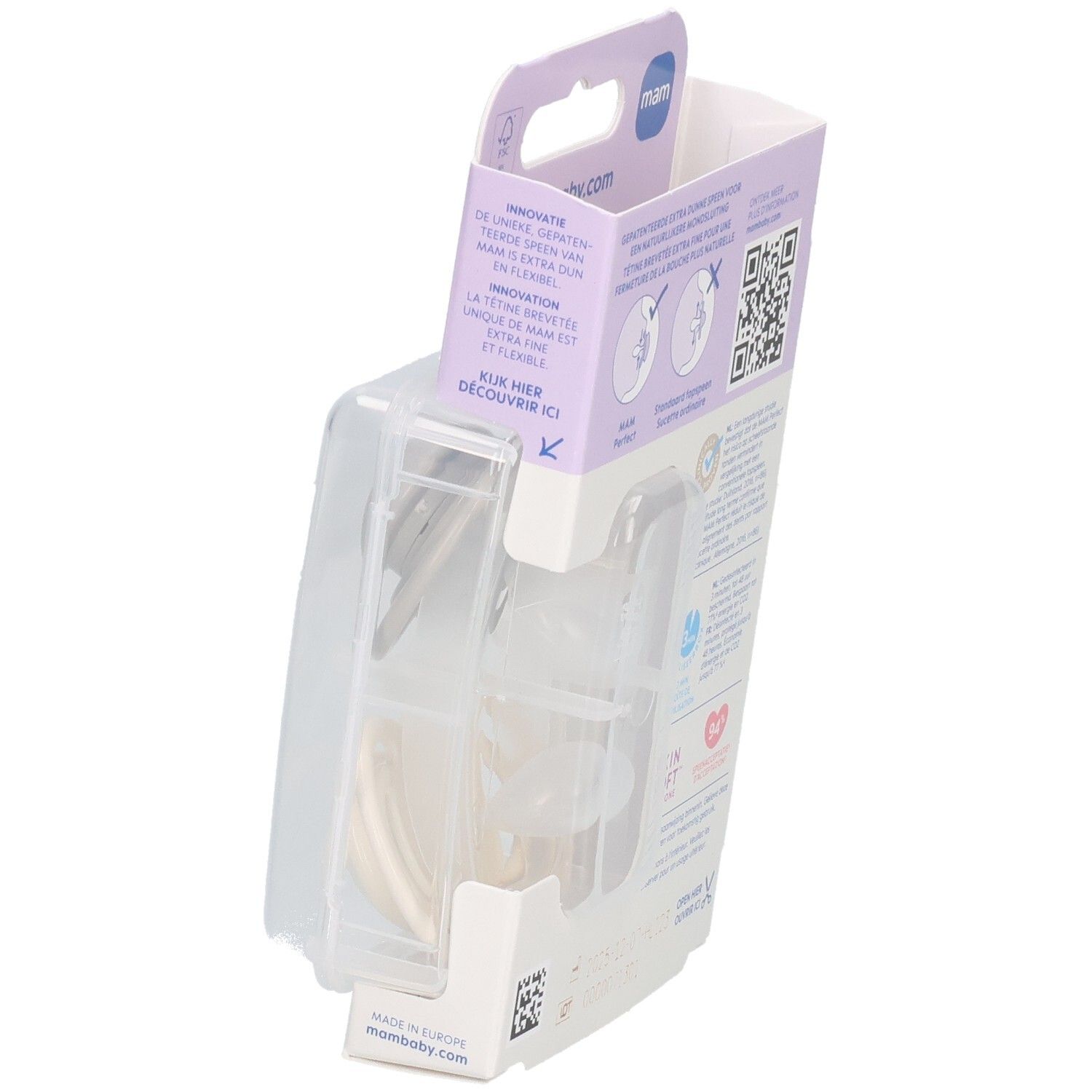Verpakking met twee MAM Perfect fopspenen, gedeeltelijk geopend. Productinformatie op de achterkant.