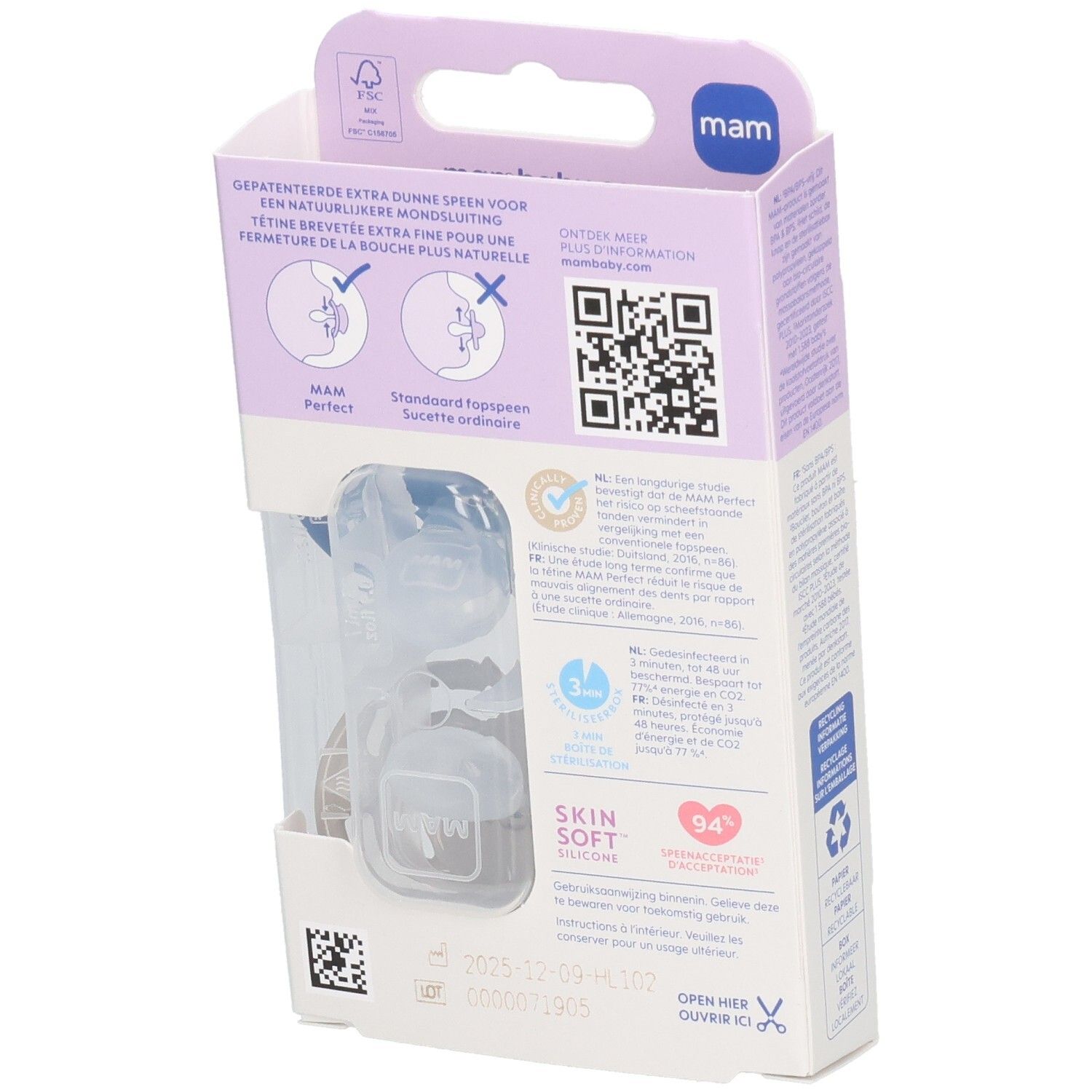 Dos de l'emballage avec deux sucettes. Informations MAM Perfect, 6-16 mois. Code QR, symboles de recyclage.