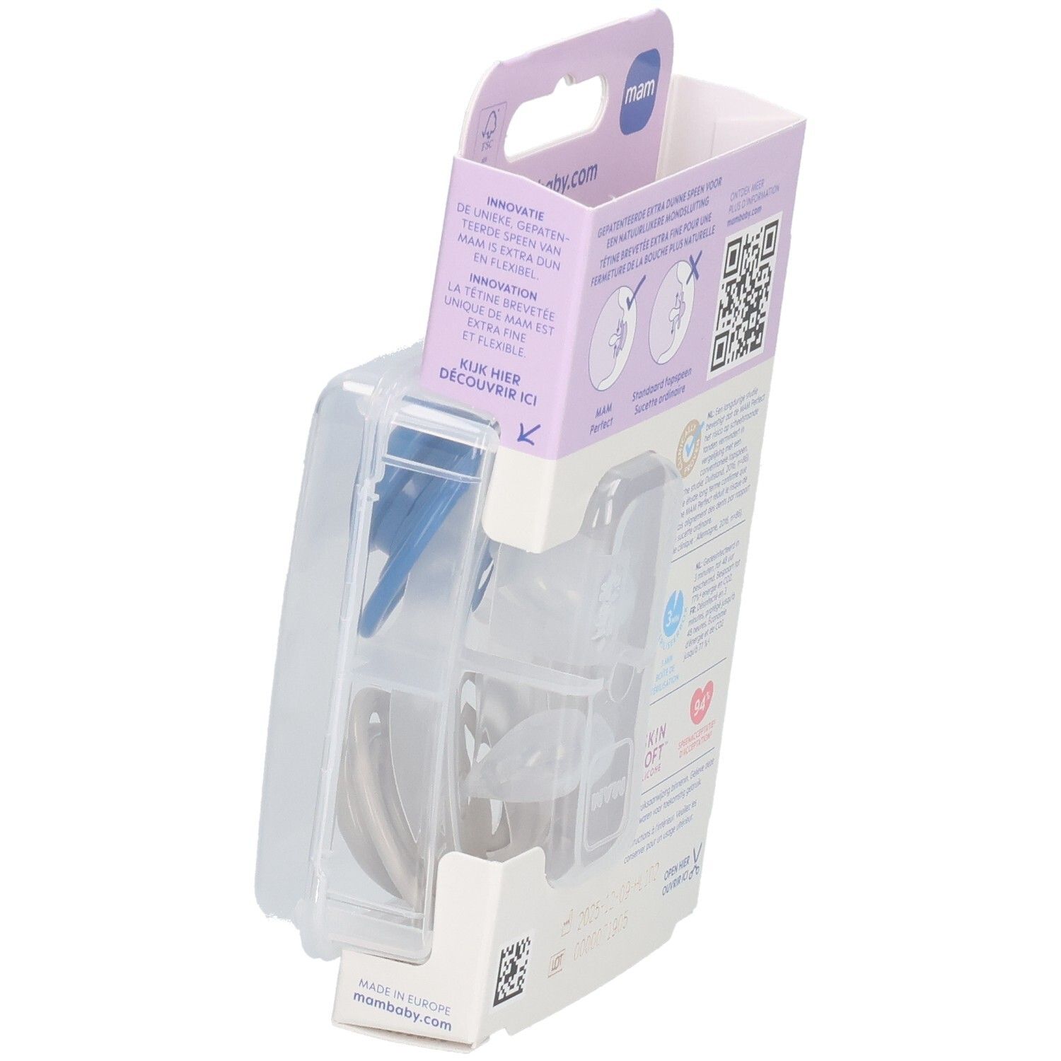 Emballage de deux sucettes en silicone bleues et grises. Marque MAM, Perfect, 6-16 mois. Emballage plastique.