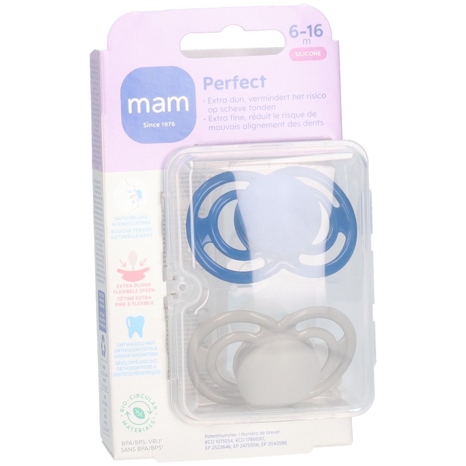 Emballage de deux sucettes en silicone bleues et grises. Marque MAM, Perfect, 6-16 mois. Emballage plastique.