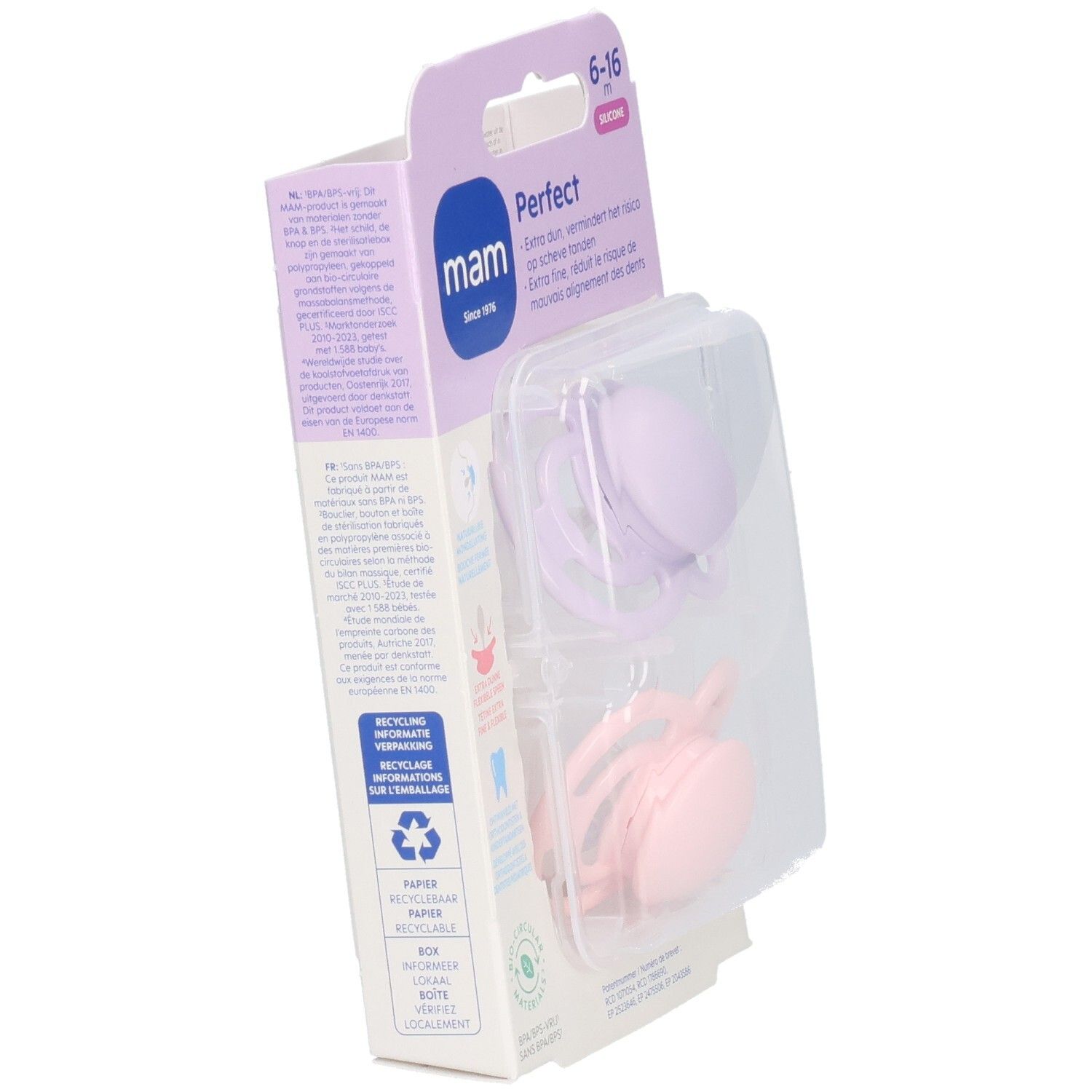 Emballage de deux sucettes MAM Perfect. Couleurs rose et lilas. Âge: 6-16 mois. Emballage en biais.