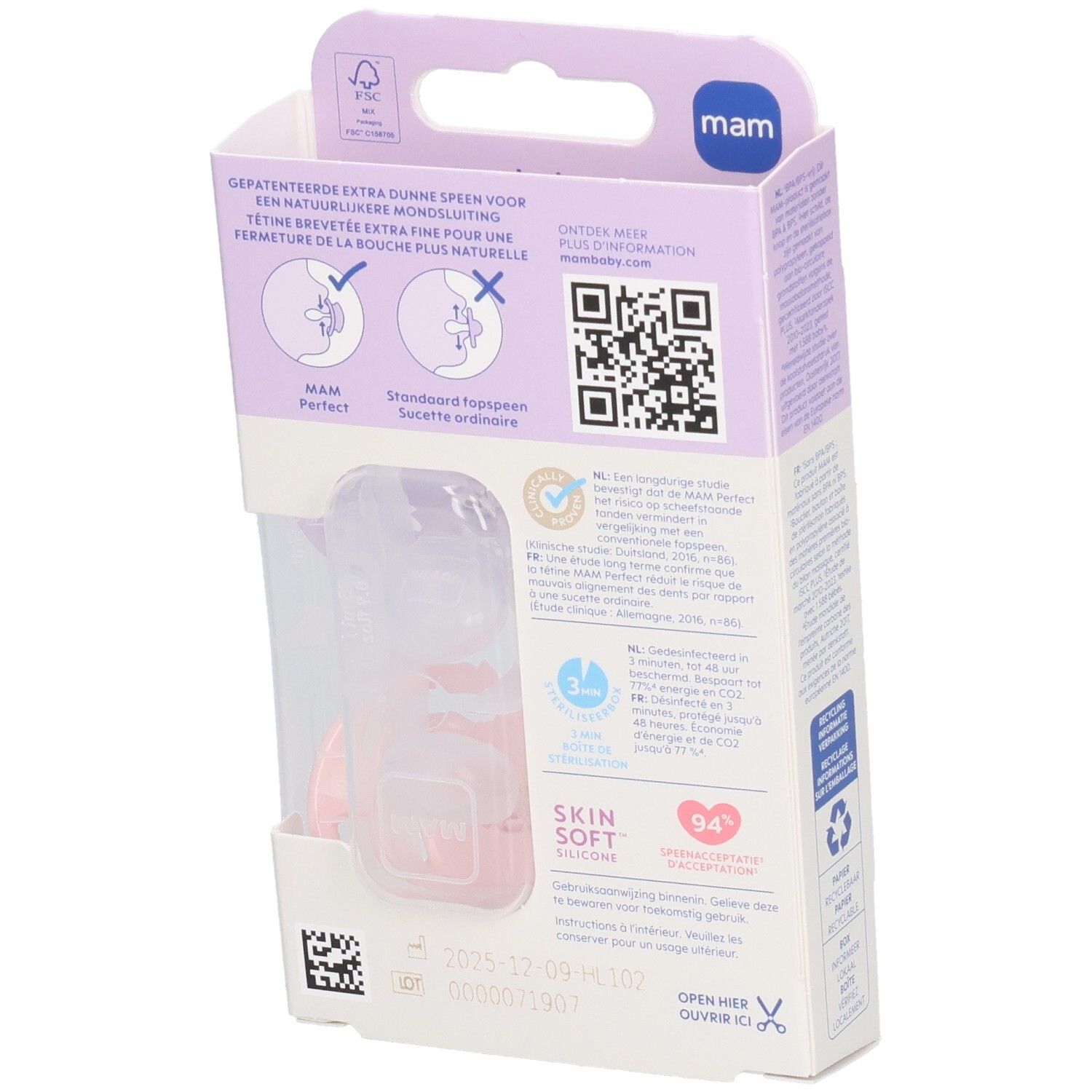 Dos de l'emballage de deux sucettes MAM. Informations multilingues. Code QR. Âge: 6-16 mois.