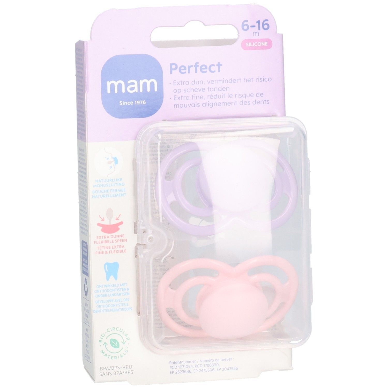 Emballage de deux sucettes MAM Perfect. Couleurs rose et lilas. Âge: 6-16 mois. Caractéristiques visibles: silicone.