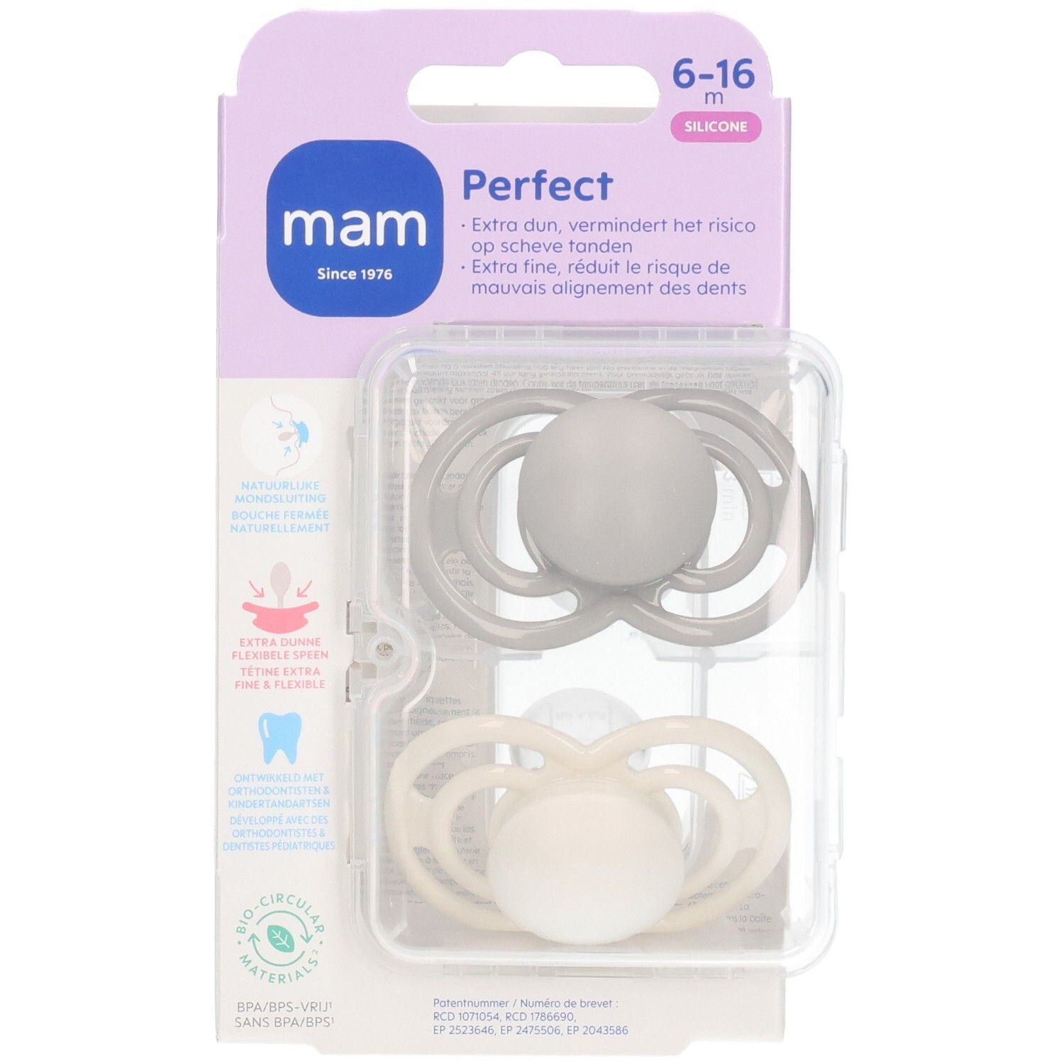 Deux sucettes MAM Perfect en silicone, gris et crème, 6-16 mois, dans leur emballage.