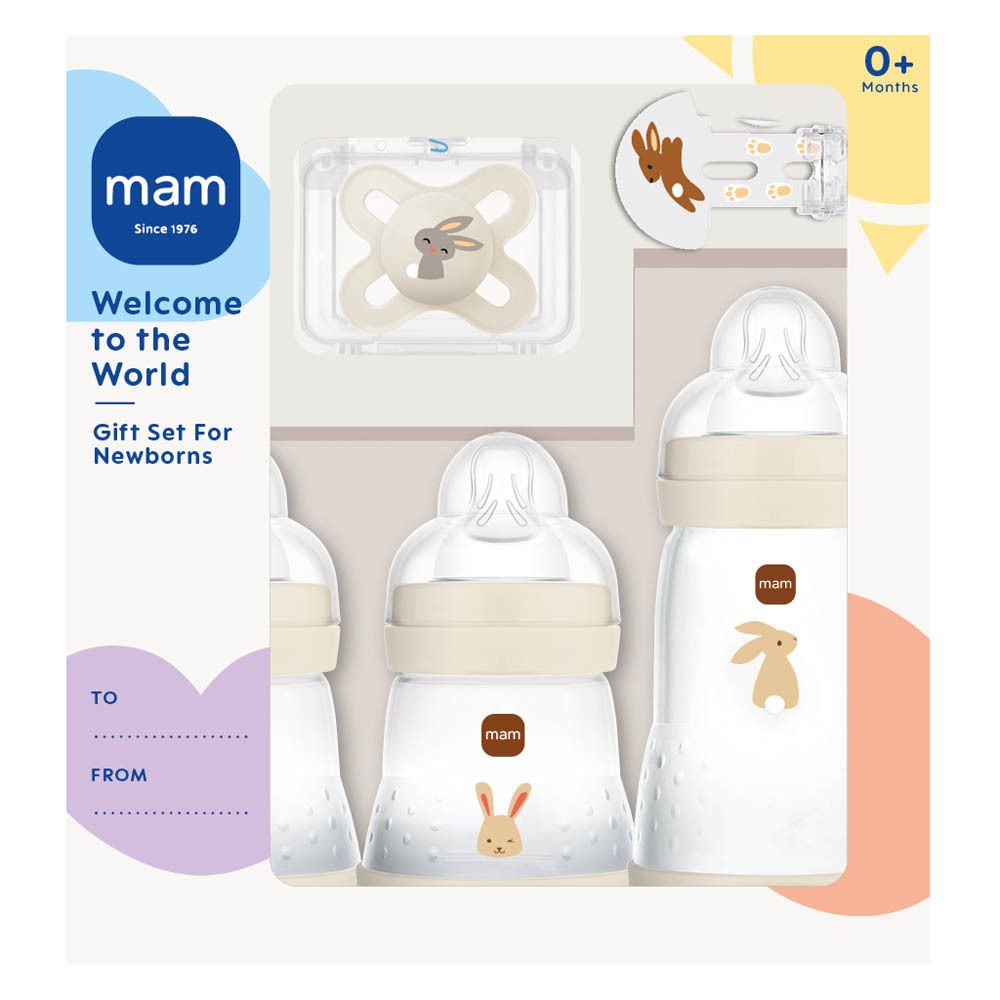 MAM cadeau set: twee flessen, fopspeen en clip. Beige met konijnenmotief.