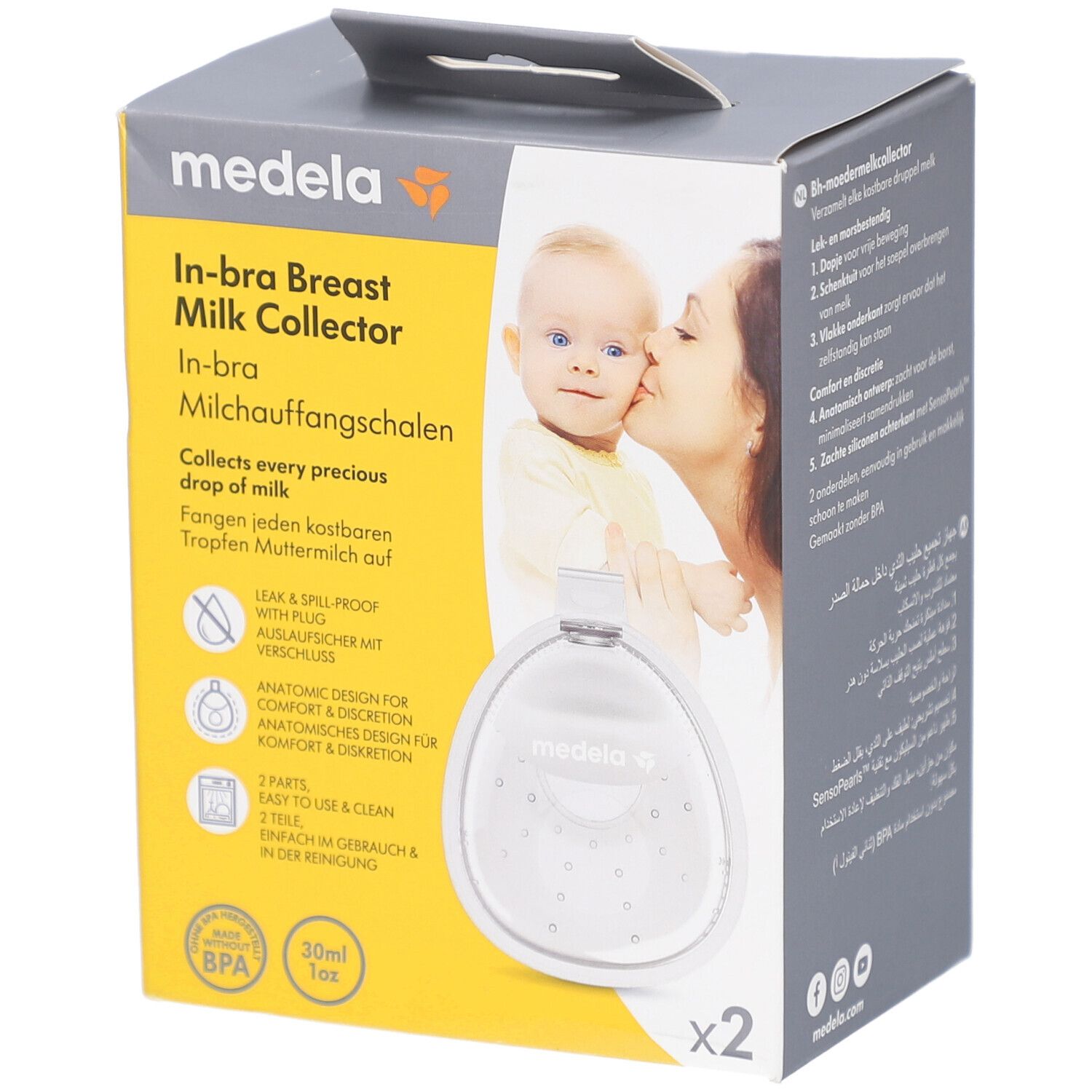Verpakking van Medela In-bra. Bevat twee transparante melkcollectoren. Bedrukt met productinfo en logo.