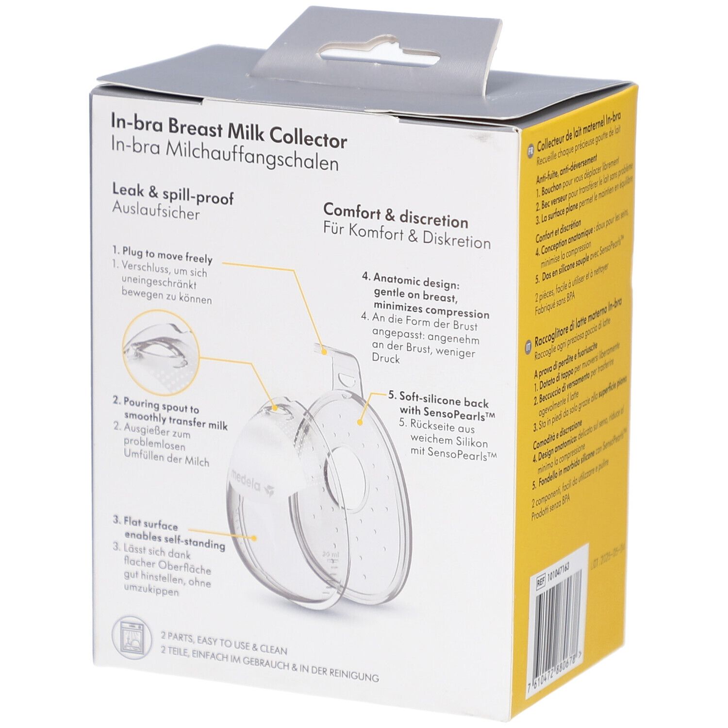 Achterkant van de Medela In-bra verpakking. Illustraties van productkenmerken. Tekst in meerdere talen.