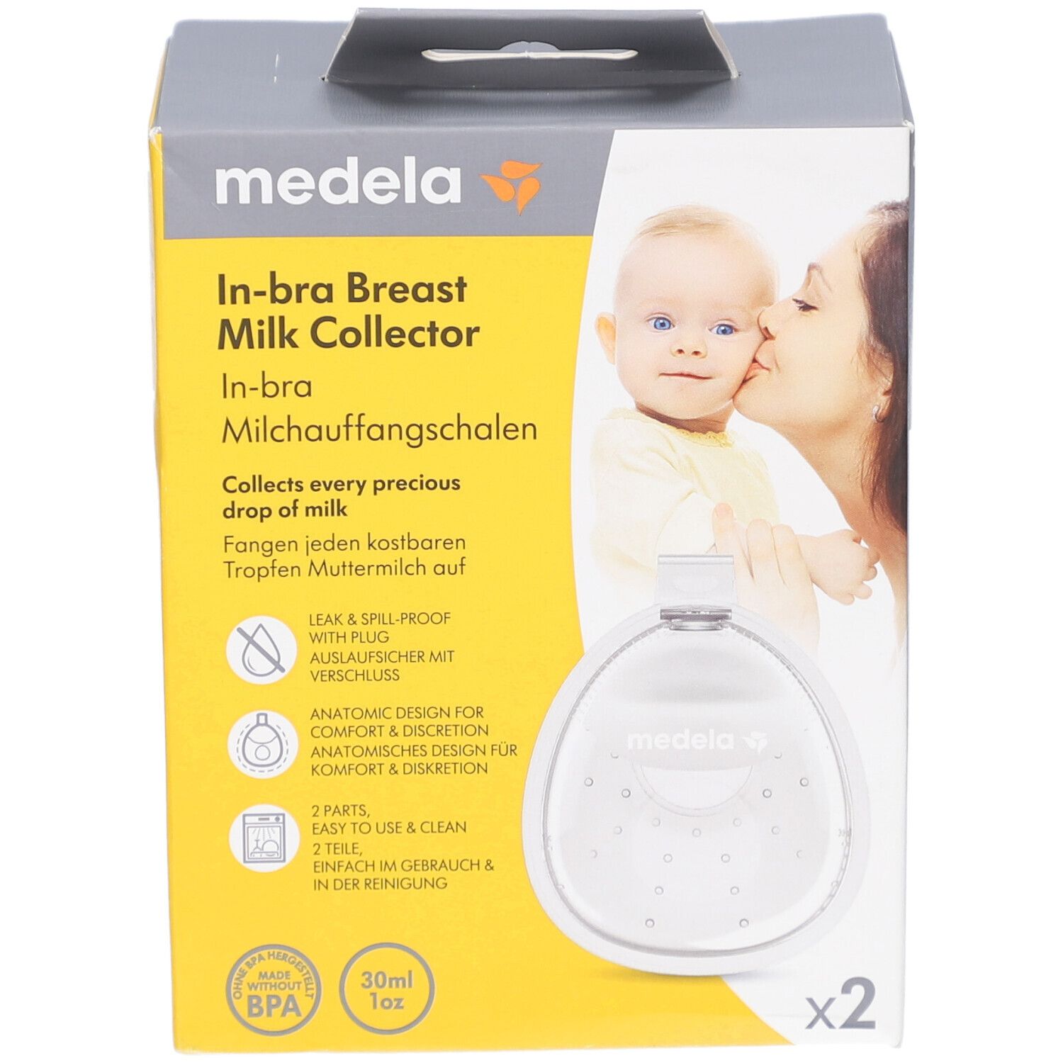 Medela In-bra verpakking. Twee transparante melkcollectoren. Logo en productinformatie.