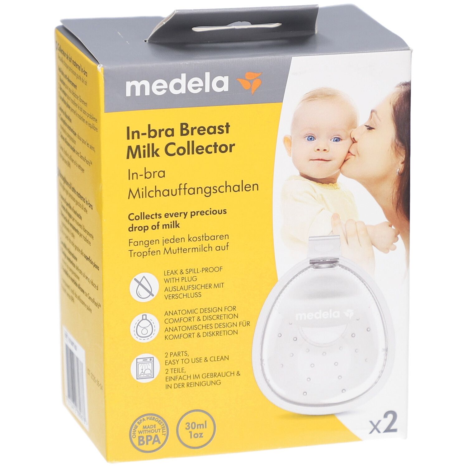 Medela In-bra verpakking. Twee transparante melkcollectoren. Logo en productinformatie.