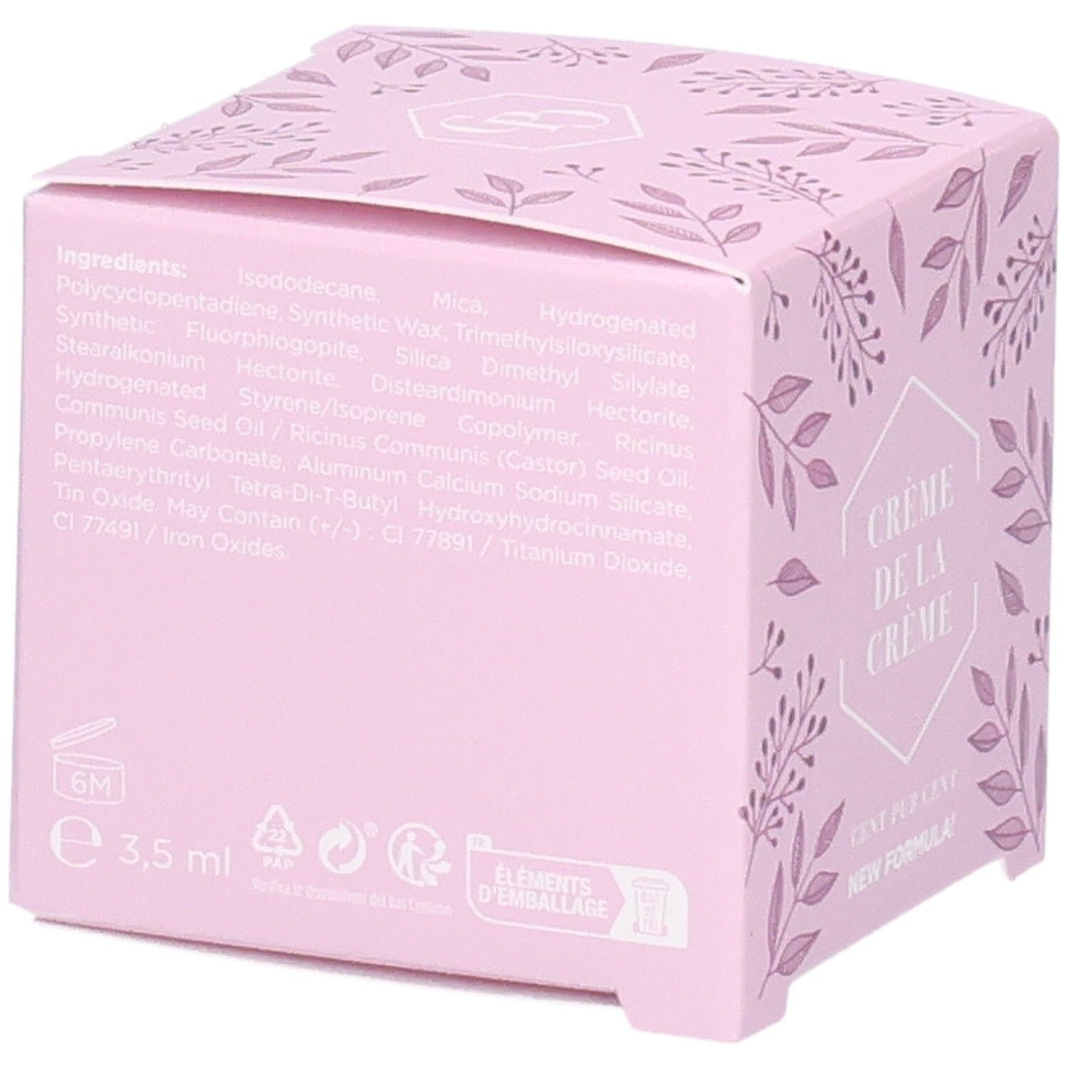 Dos de la boîte rose. Contient les ingrédients et des informations sur la taille: 3,5 ml. Symboles de recyclage.