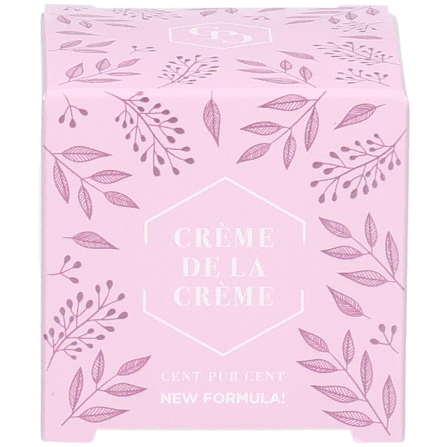 Boîte rose avec motif floral. Texte: Crème de la Crème, Cent Pur Cent, New Formula!