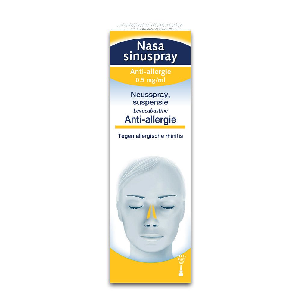 Verpakking Nasasinuspray Anti-allergie. Tekst: Anti-allergie 0,5 mg/ml, Neusspray, suspensie, Lévocabastine.