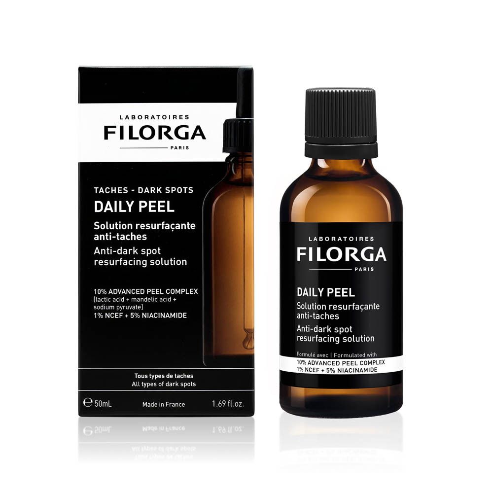 Filorga DAILY PEEL-fles. Bruine glazen fles met zwarte dop. Productnaam en logo.
