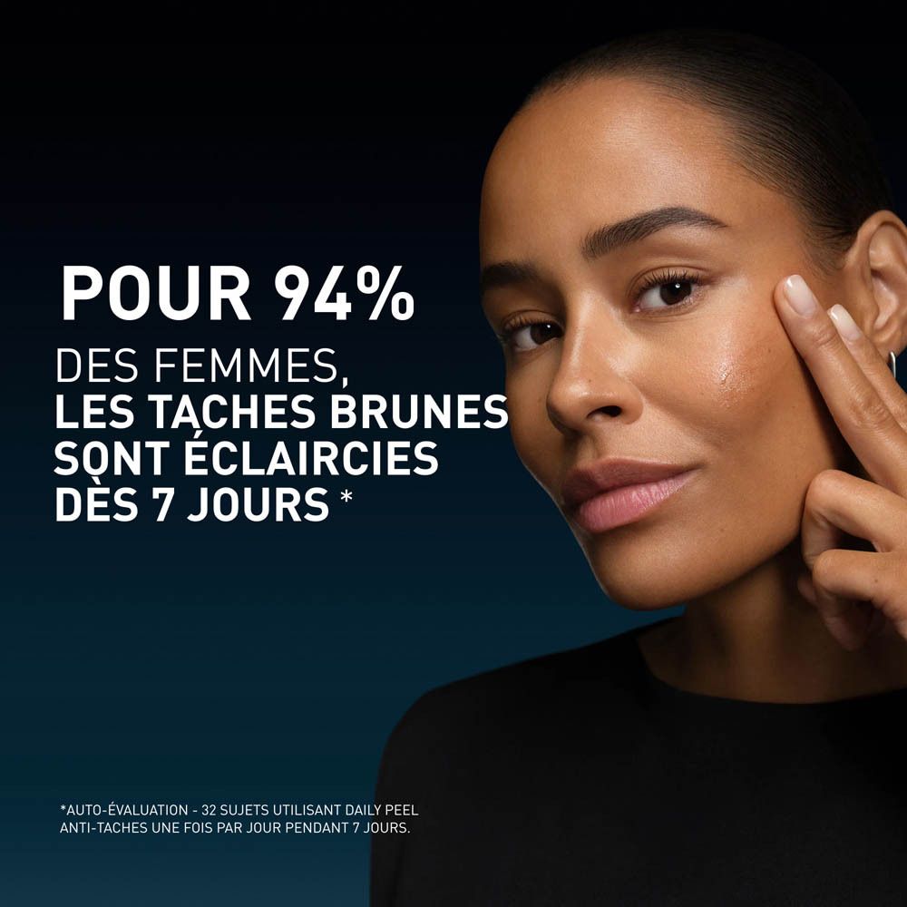 Femme avec peau. Texte : POUR 94% DES FEMMES, LES TACHES BRUNES SONT ÉCLAIRCIES DES 7 JOURS.