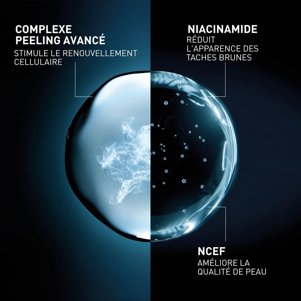 Graphique. Texte : COMPLEXE PEELING AVANCÉ, NIACINAMIDE, NCEF.