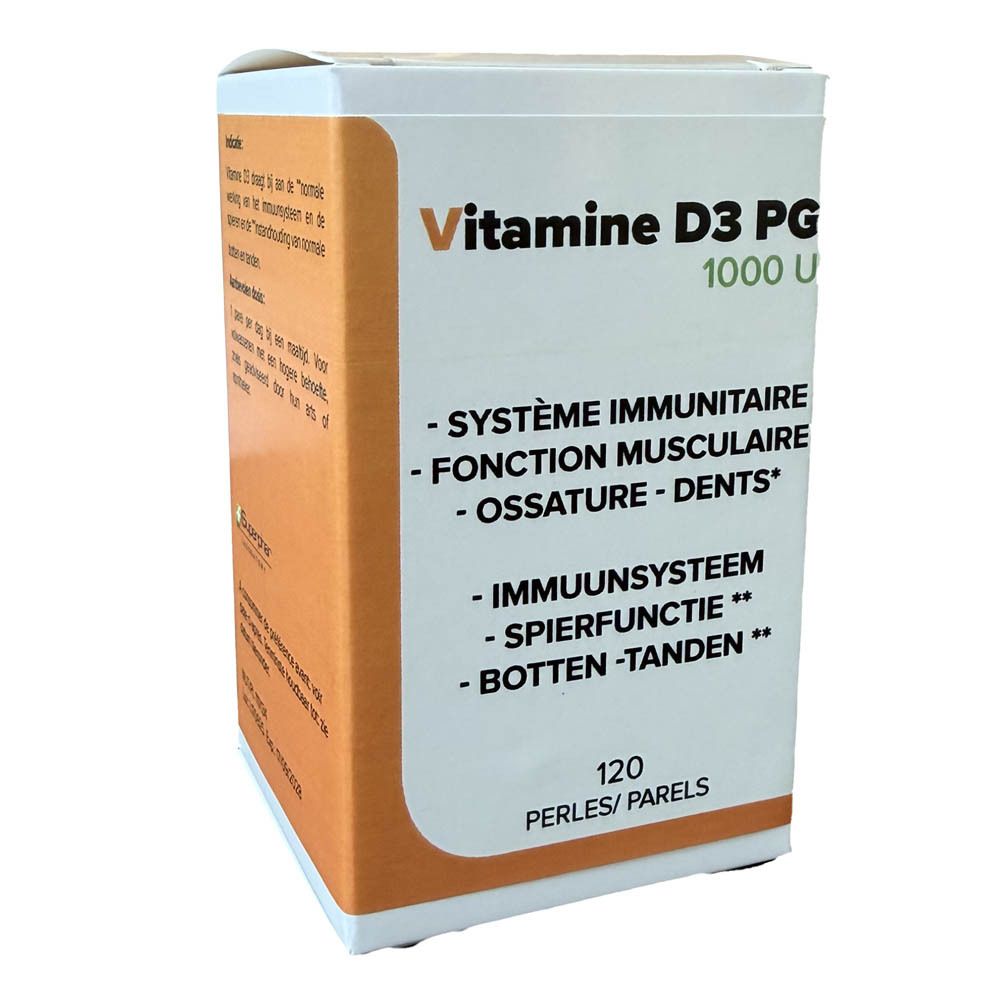 Doos met Vitamine D3 PG 1000 UI. Oranje accenten. Tekst in het Frans en Nederlands. 120 parels.
