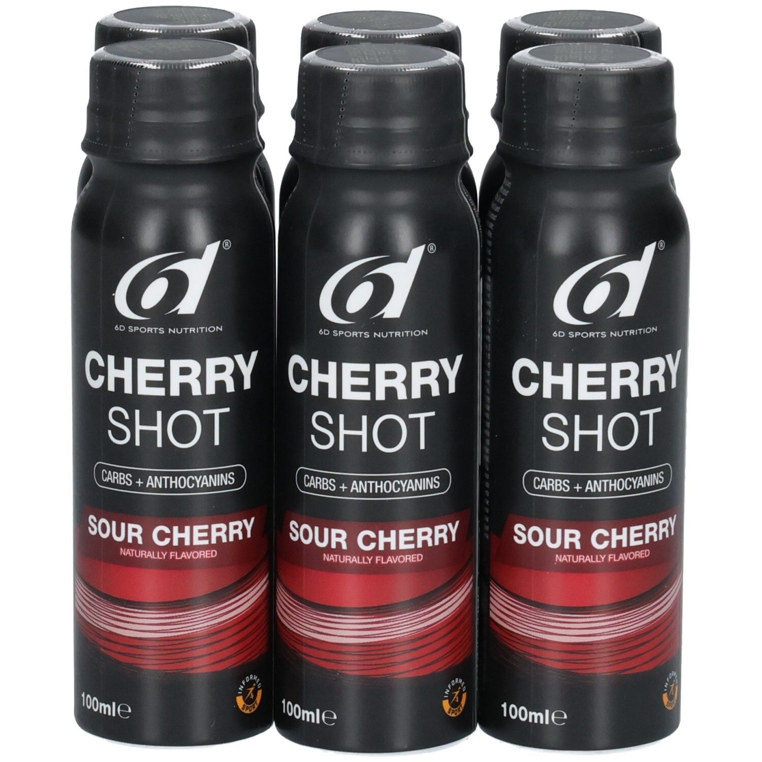 Zes 6D Cherry Shot Sour Cherry flesjes, elk 100ml.