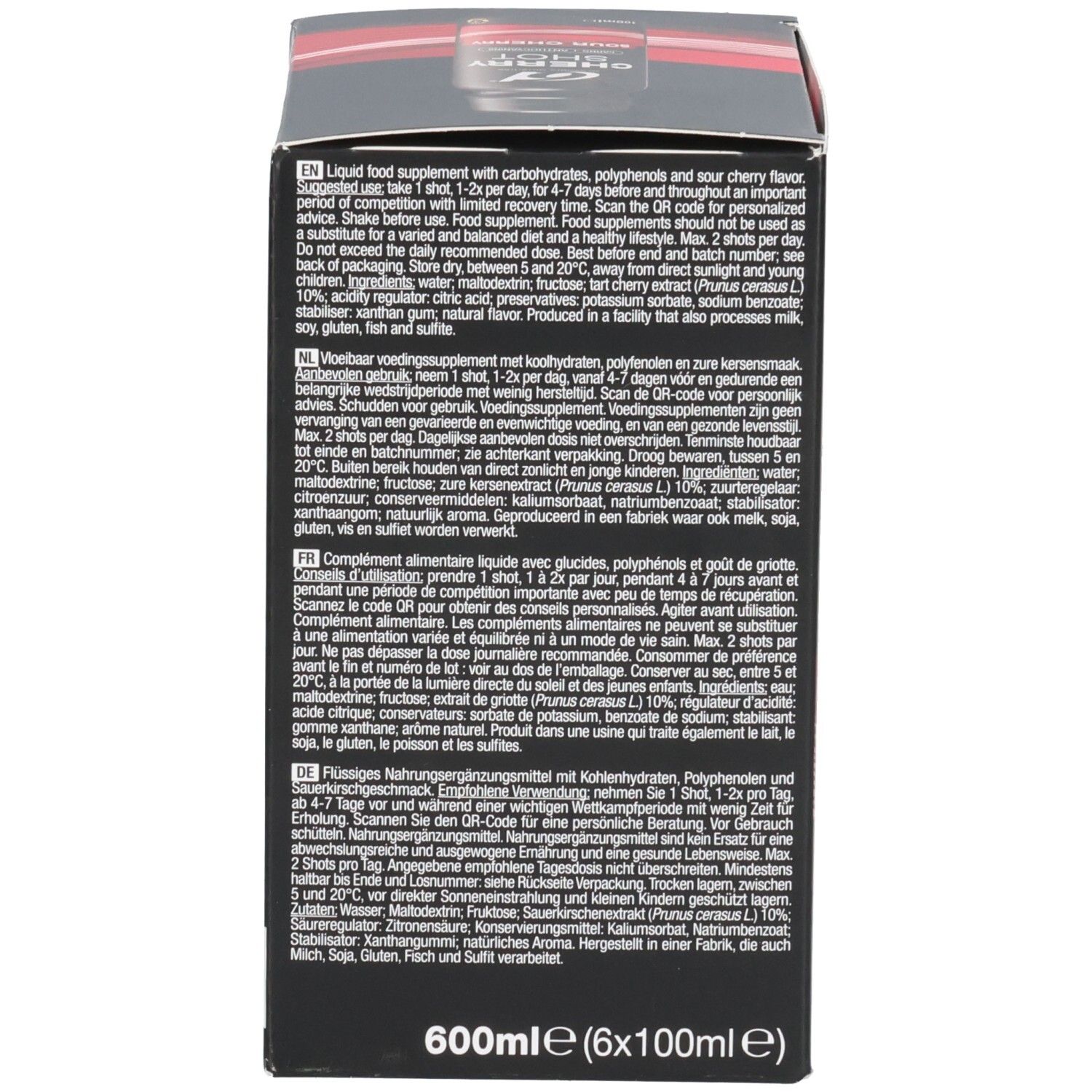 Zijaanzicht van de 6D Cherry Shot Sour Cherry doos met productinformatie.