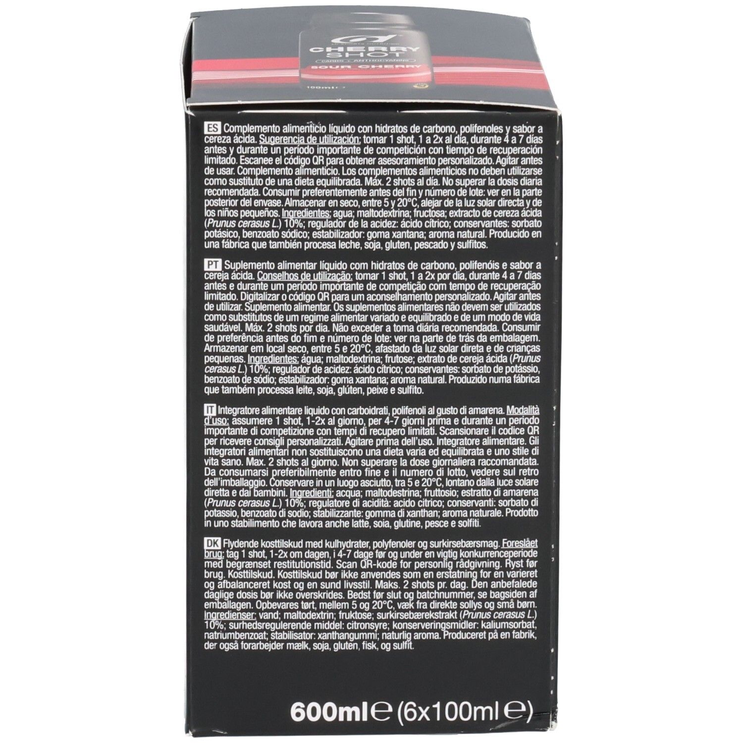 Gedetailleerd aanzicht van de 6D Cherry Shot Sour Cherry doos met voedingswaarden.